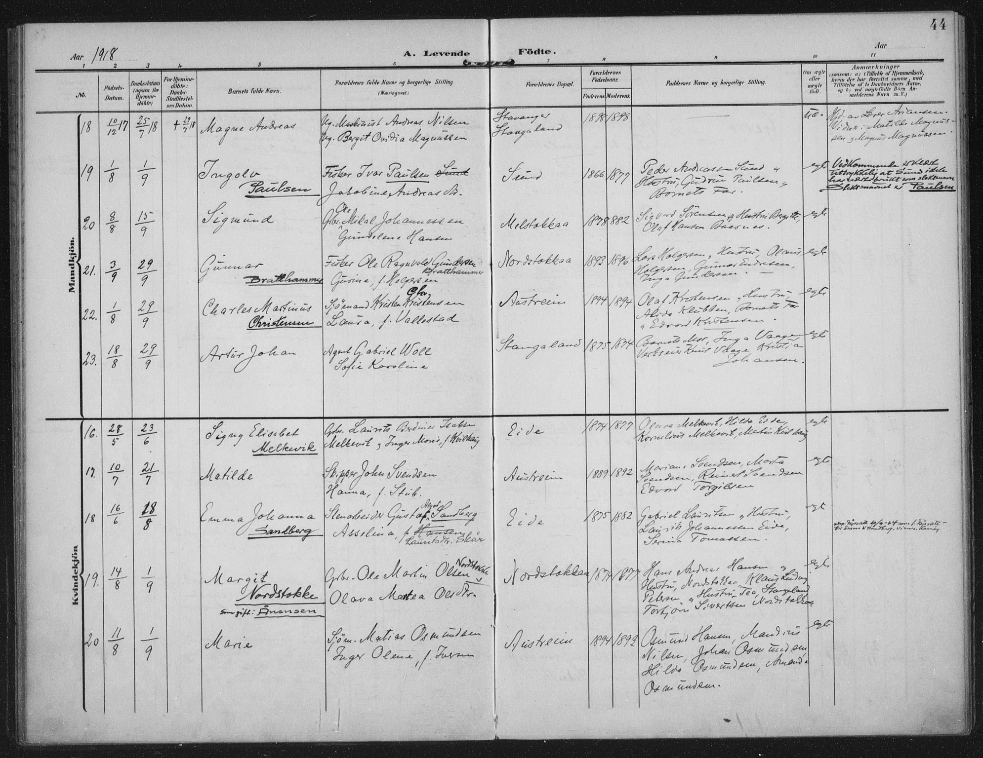 Kopervik sokneprestkontor, AV/SAST-A-101850/H/Ha/Haa/L0003: Ministerialbok nr. A 3, 1906-1924, s. 44