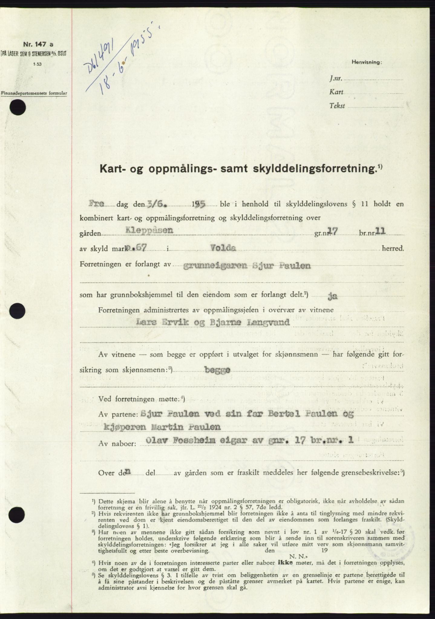 Søre Sunnmøre sorenskriveri, AV/SAT-A-4122/1/2/2C/L0101: Pantebok nr. 27A, 1955-1955, Dagboknr: 1491/1955