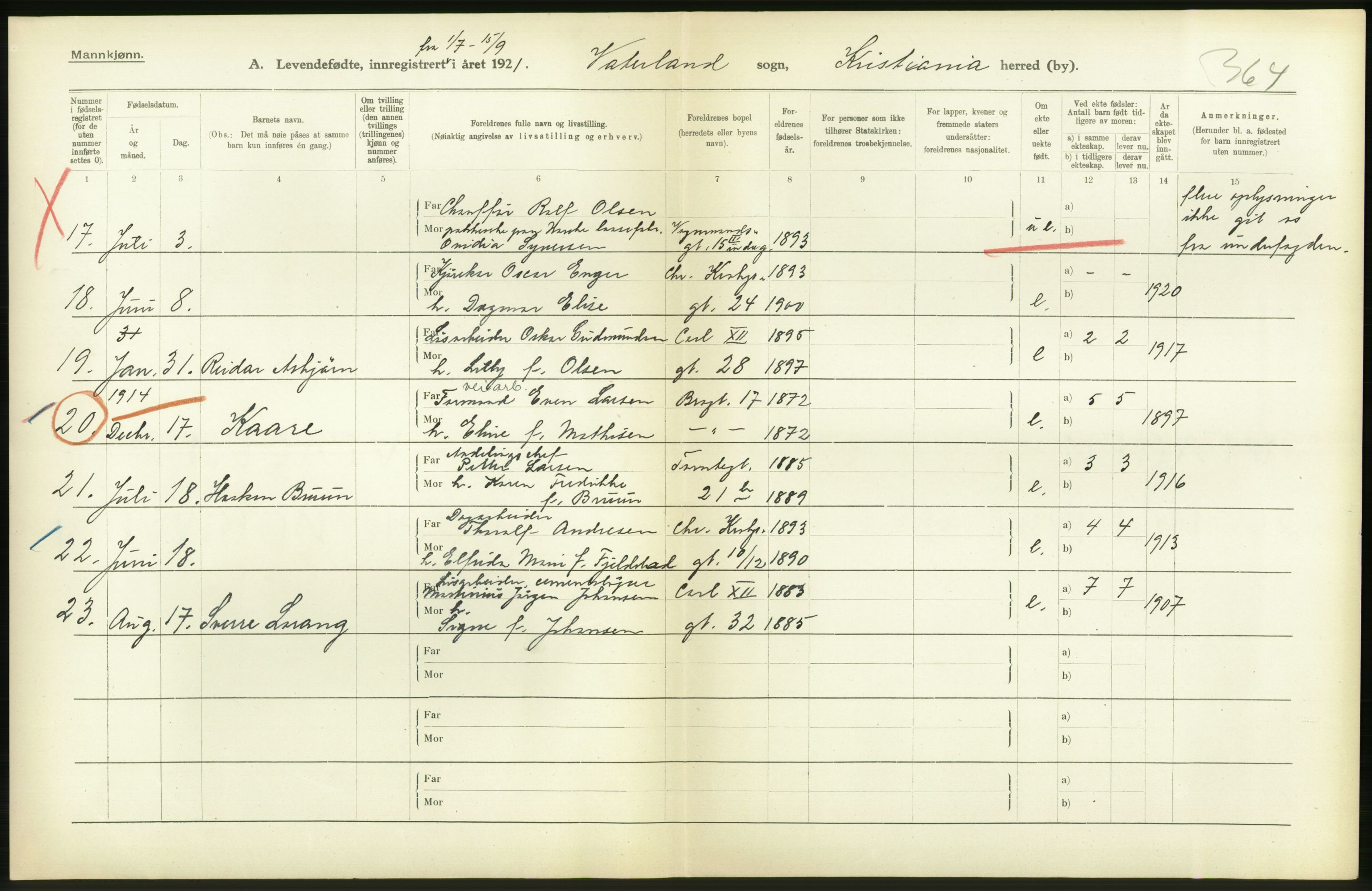 Statistisk sentralbyrå, Sosiodemografiske emner, Befolkning, RA/S-2228/D/Df/Dfc/Dfca/L0009: Kristiania: Levendefødte menn og kvinner., 1921, s. 254