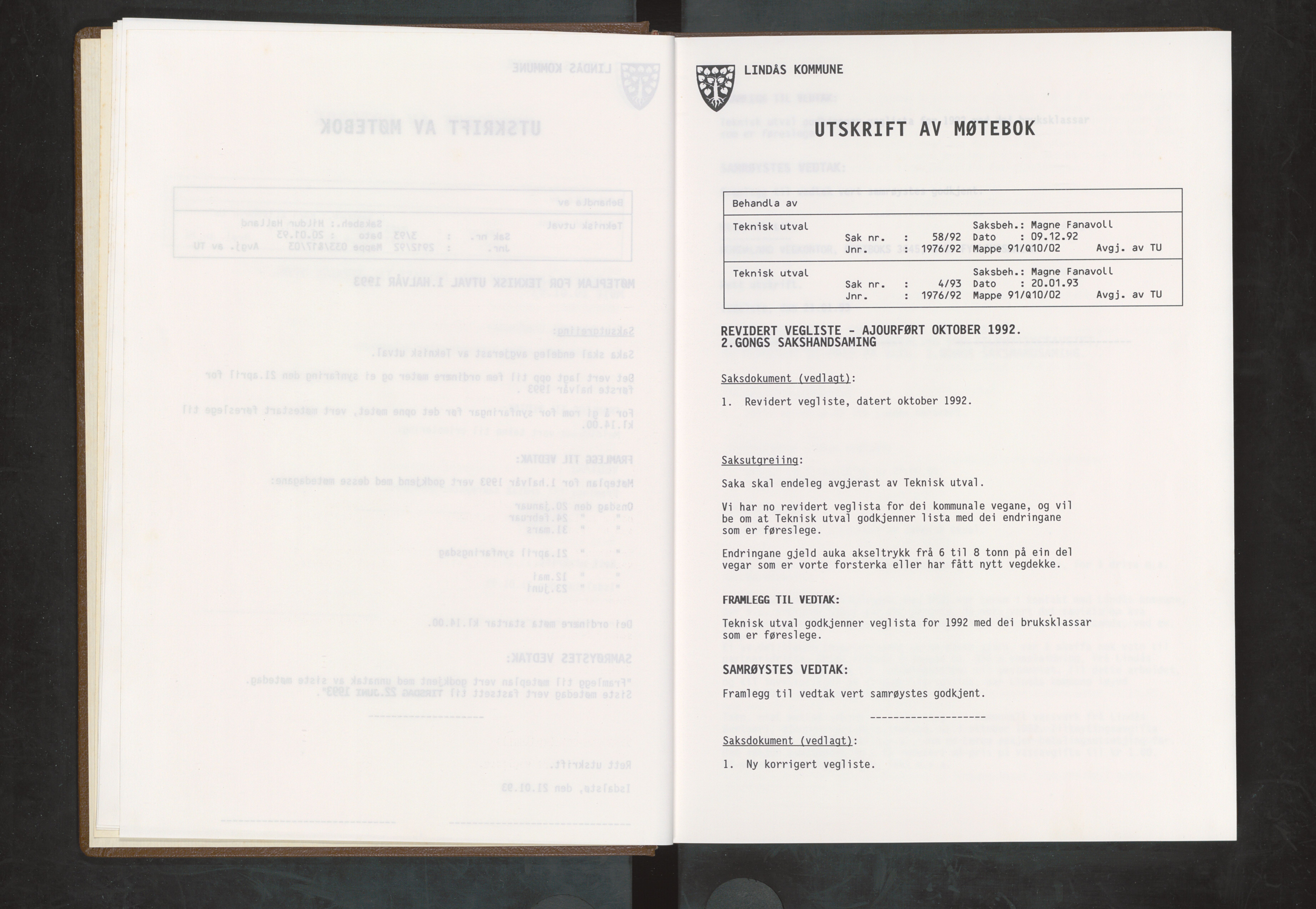 Lindås kommune. Teknisk utval, IKAH/1263-513/A/Ac/L0003: Møtebok for Lindås teknisk utval, 1993-1994