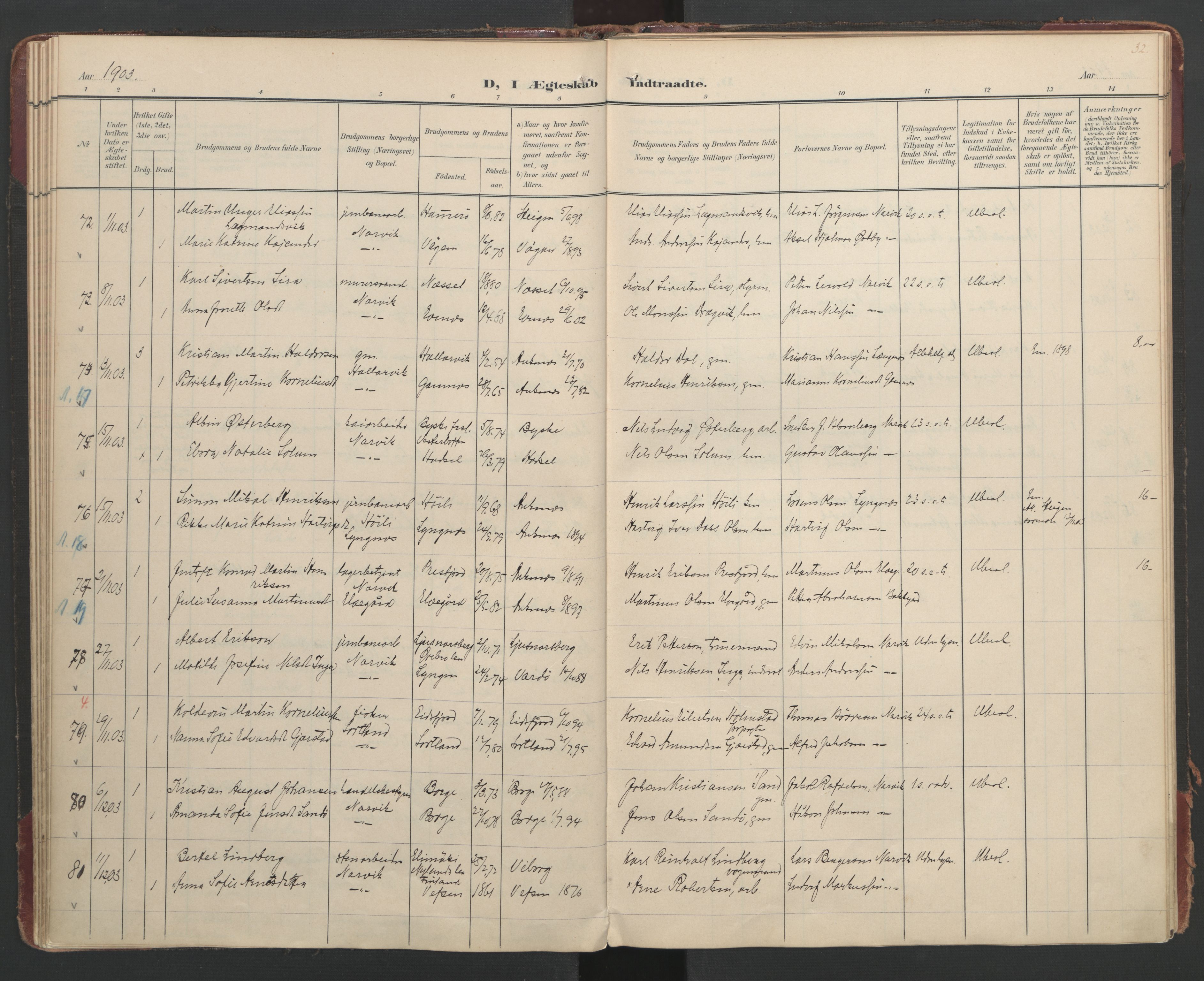 Ministerialprotokoller, klokkerbøker og fødselsregistre - Nordland, AV/SAT-A-1459/866/L0942: Ministerialbok nr. 866A05, 1901-1928, s. 32