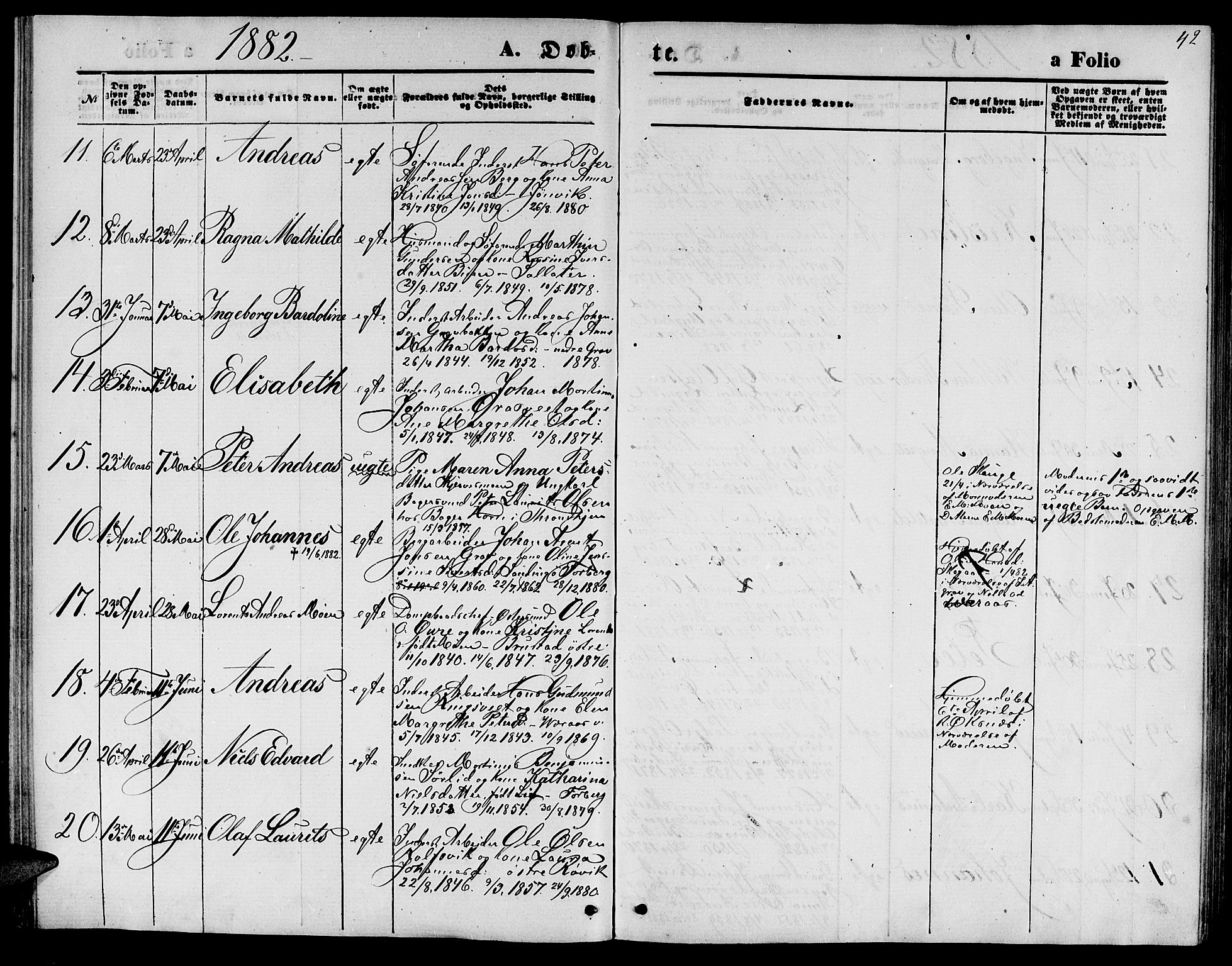 Ministerialprotokoller, klokkerbøker og fødselsregistre - Nord-Trøndelag, AV/SAT-A-1458/722/L0225: Klokkerbok nr. 722C01, 1871-1888, s. 42