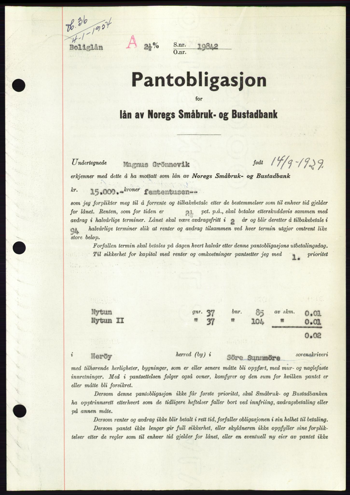 Søre Sunnmøre sorenskriveri, SAT/A-4122/1/2/2C/L0124: Pantebok nr. 12B, 1953-1954, Dagboknr: 36/1954