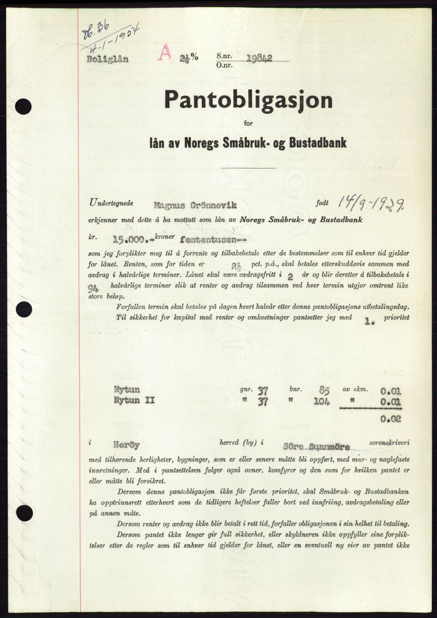 Søre Sunnmøre sorenskriveri, AV/SAT-A-4122/1/2/2C/L0124: Pantebok nr. 12B, 1953-1954, Dagboknr: 36/1954