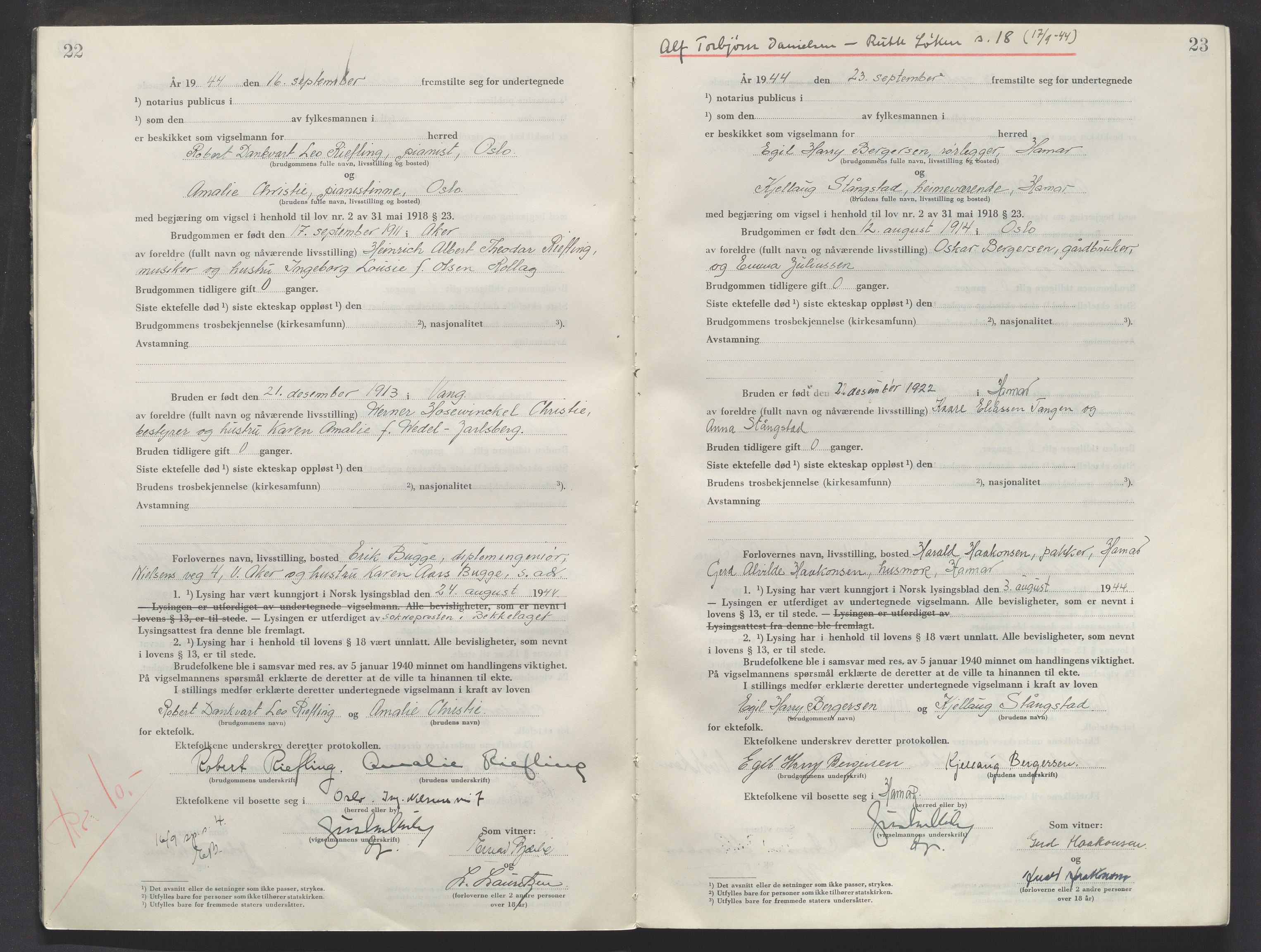 Sør-Hedmark sorenskriveri, AV/SAH-TING-014/L/Le/L0002/0001: Vigselsbøker / Vigselbok, 1944-1945, s. 22-23