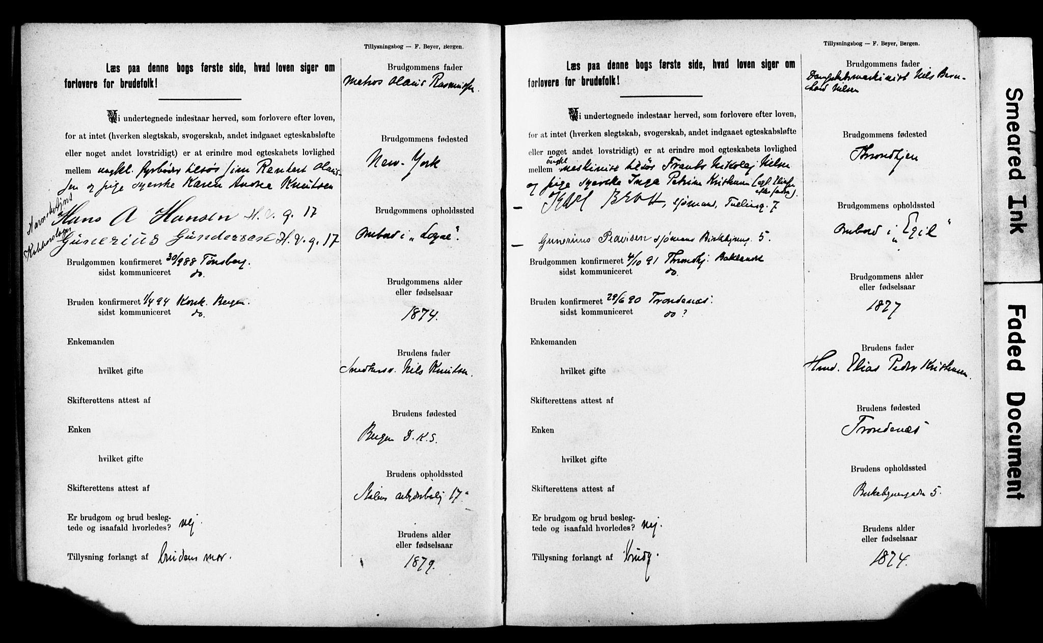 Mariakirken Sokneprestembete, AV/SAB-A-76901: Forlovererklæringer nr. II.5.2, 1901-1909, s. 19