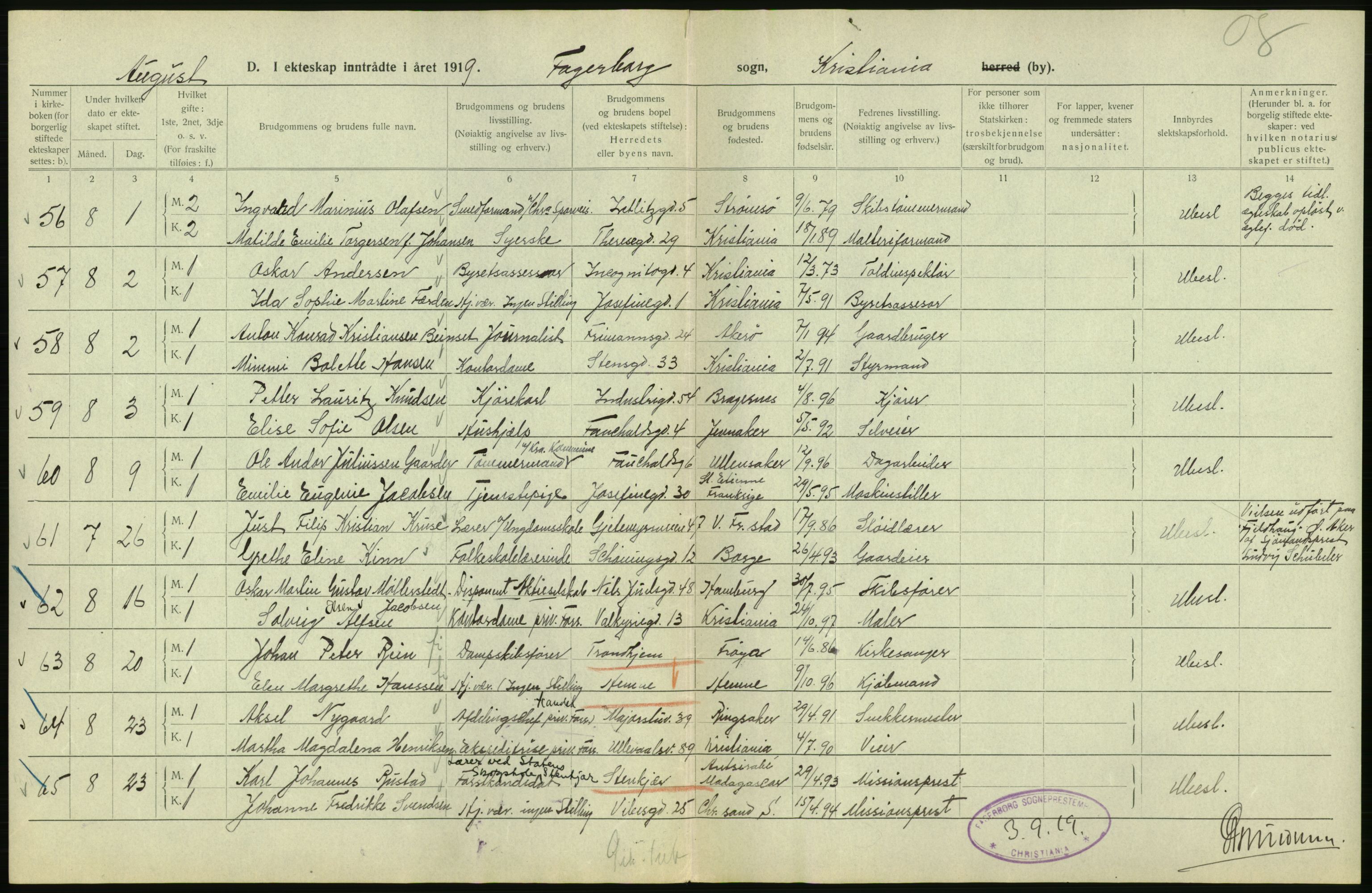 Statistisk sentralbyrå, Sosiodemografiske emner, Befolkning, AV/RA-S-2228/D/Df/Dfb/Dfbi/L0009: Kristiania: Gifte, 1919, s. 260