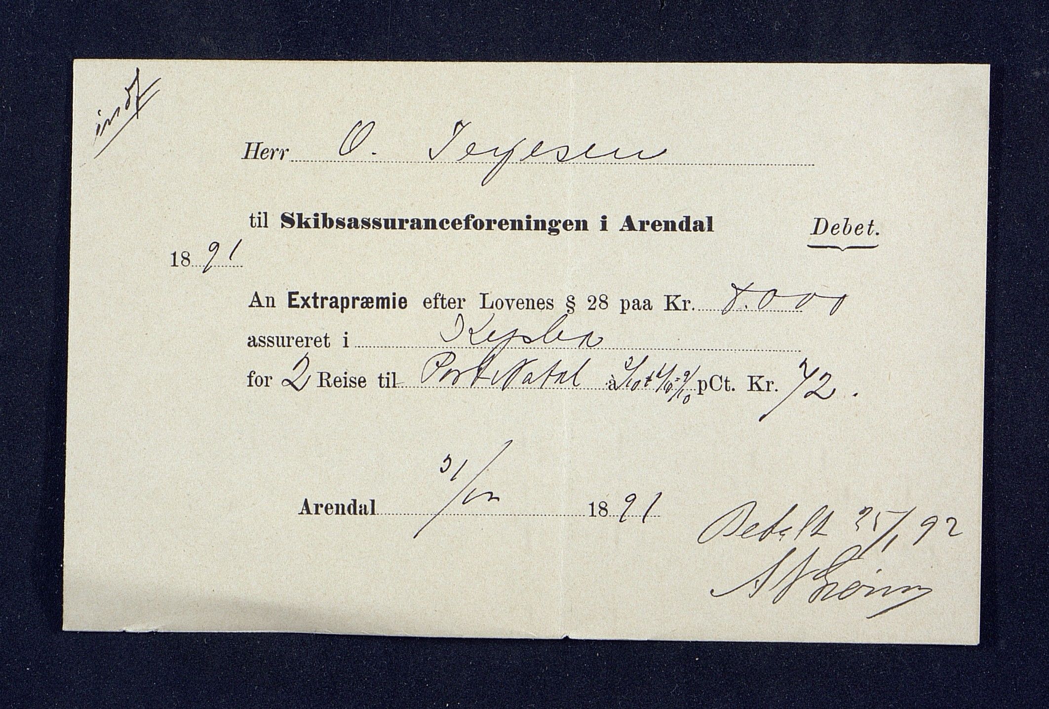 O. Terjesens rederi, AAKS/PA-2525/R/R02/L0001: Regnskapsbilag, 1884-1898