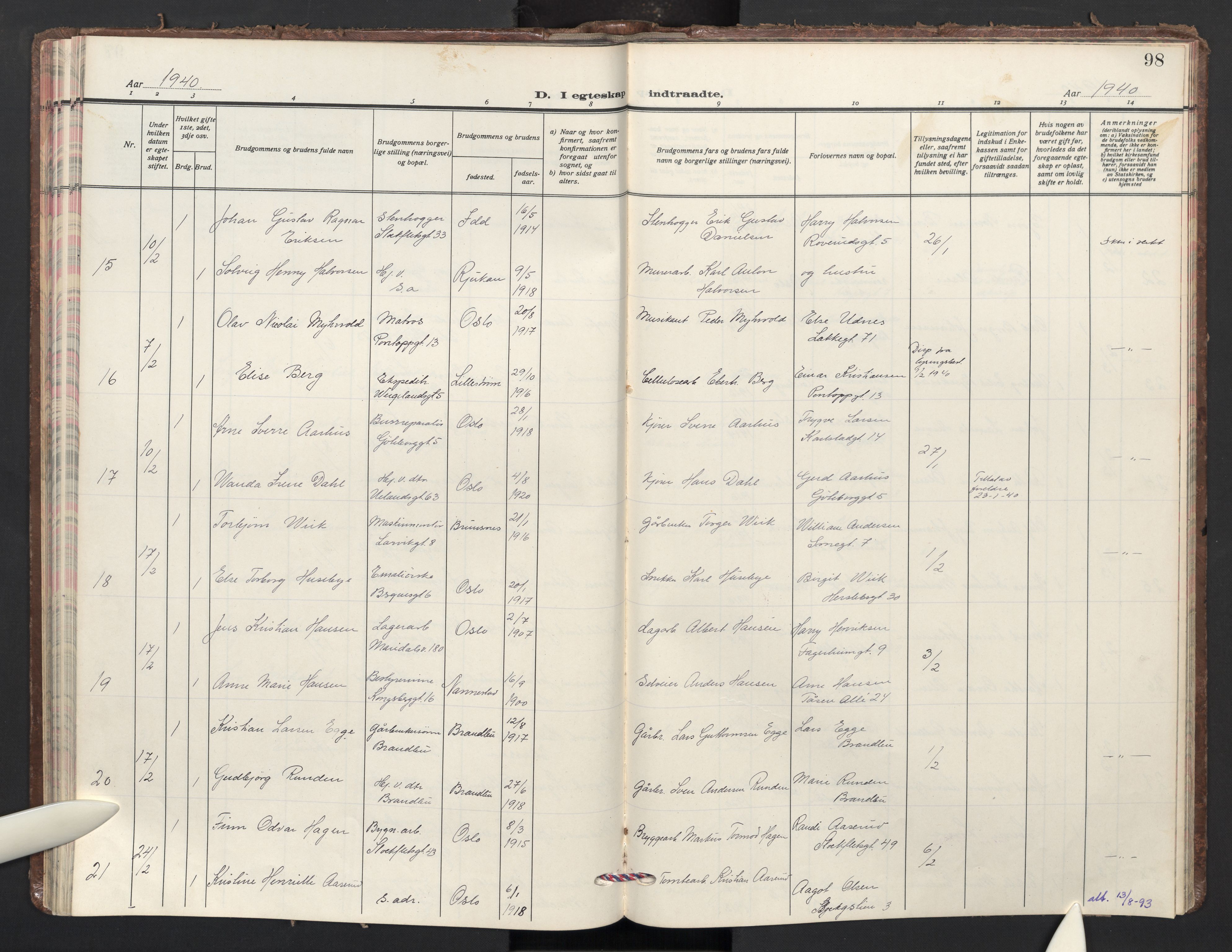 Sagene prestekontor Kirkebøker, AV/SAO-A-10796/F/L0018: Ministerialbok nr. 18, 1935-1940, s. 98