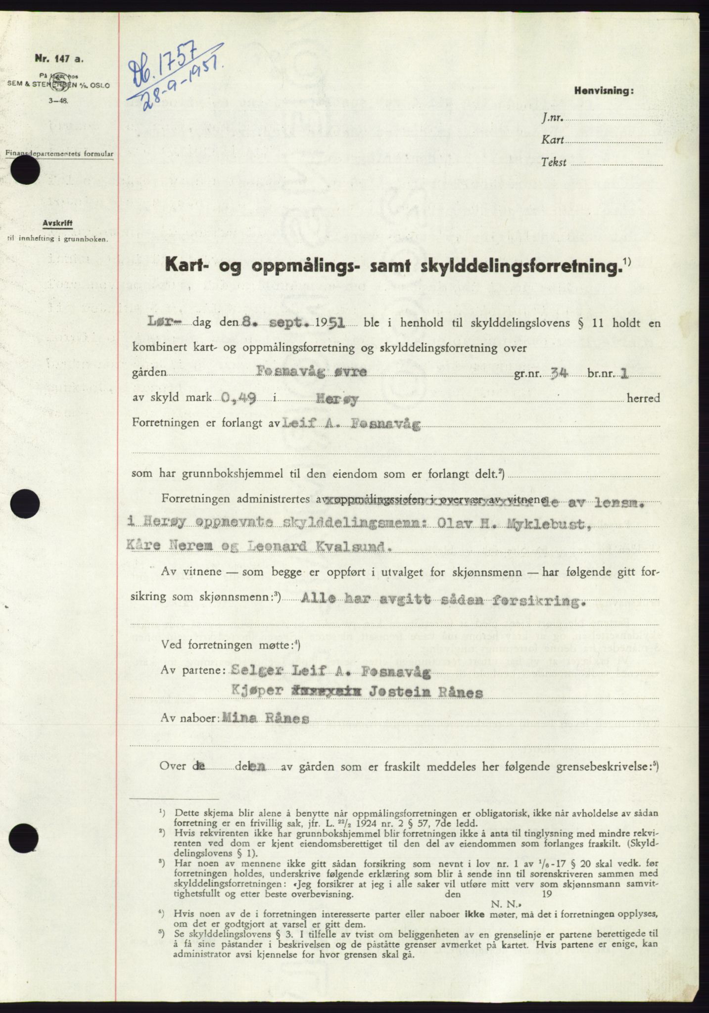Søre Sunnmøre sorenskriveri, AV/SAT-A-4122/1/2/2C/L0090: Pantebok nr. 16A, 1951-1951, Dagboknr: 1757/1951