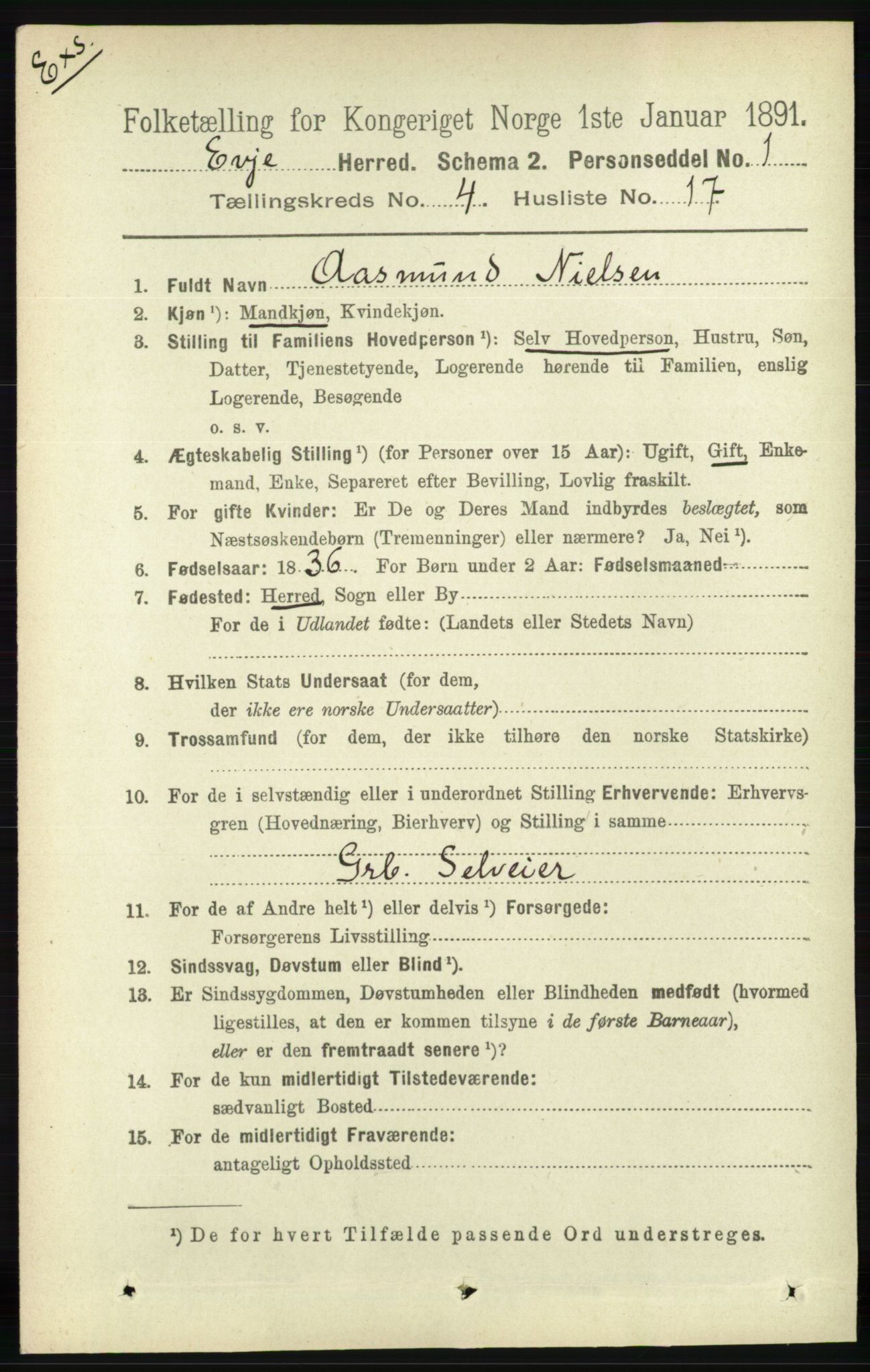 RA, Folketelling 1891 for Nedenes amt: Gjenparter av personsedler for beslektede ektefeller, menn, 1891, s. 1009