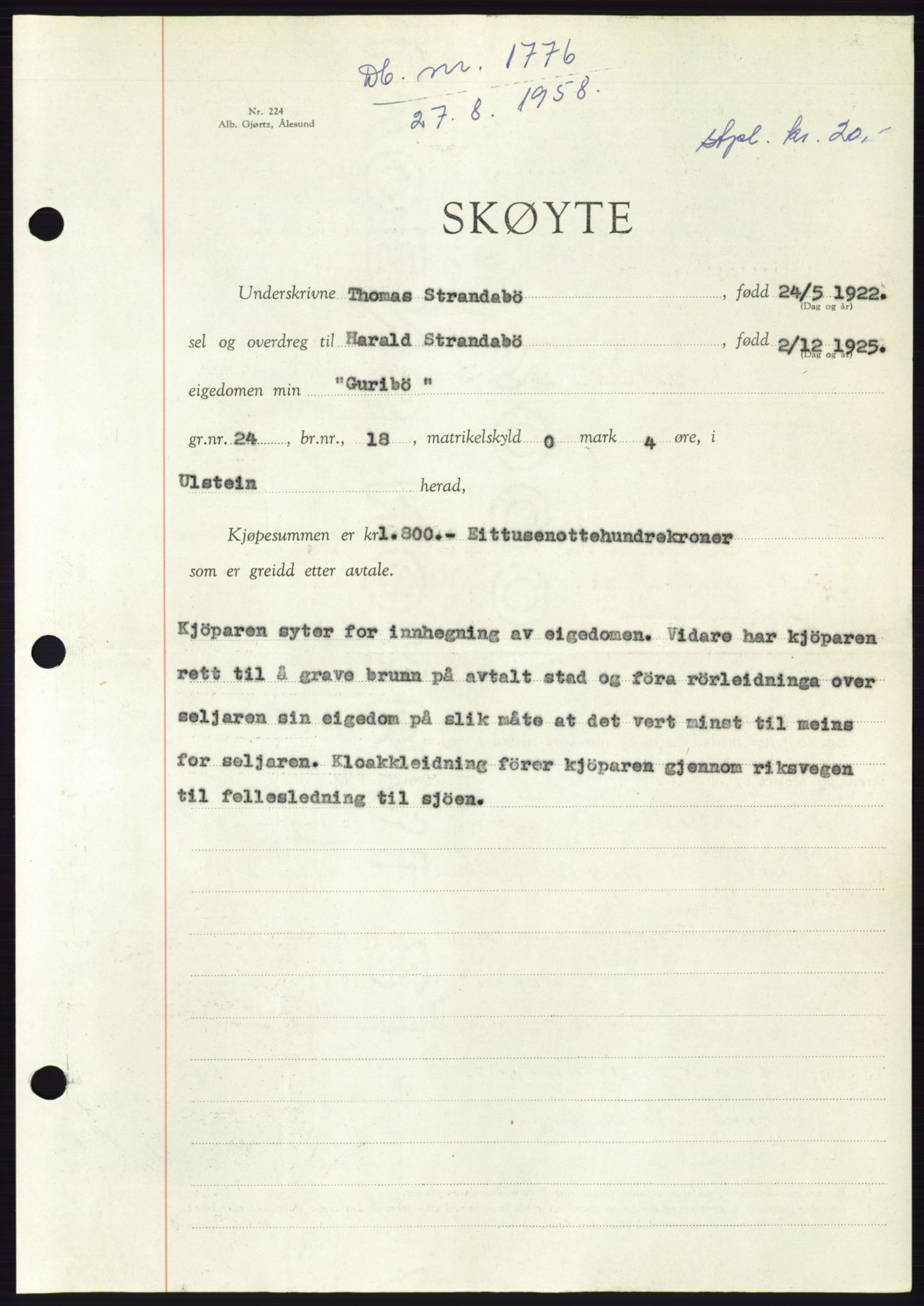 Søre Sunnmøre sorenskriveri, AV/SAT-A-4122/1/2/2C/L0110: Pantebok nr. 36A, 1958-1958, Dagboknr: 1776/1958