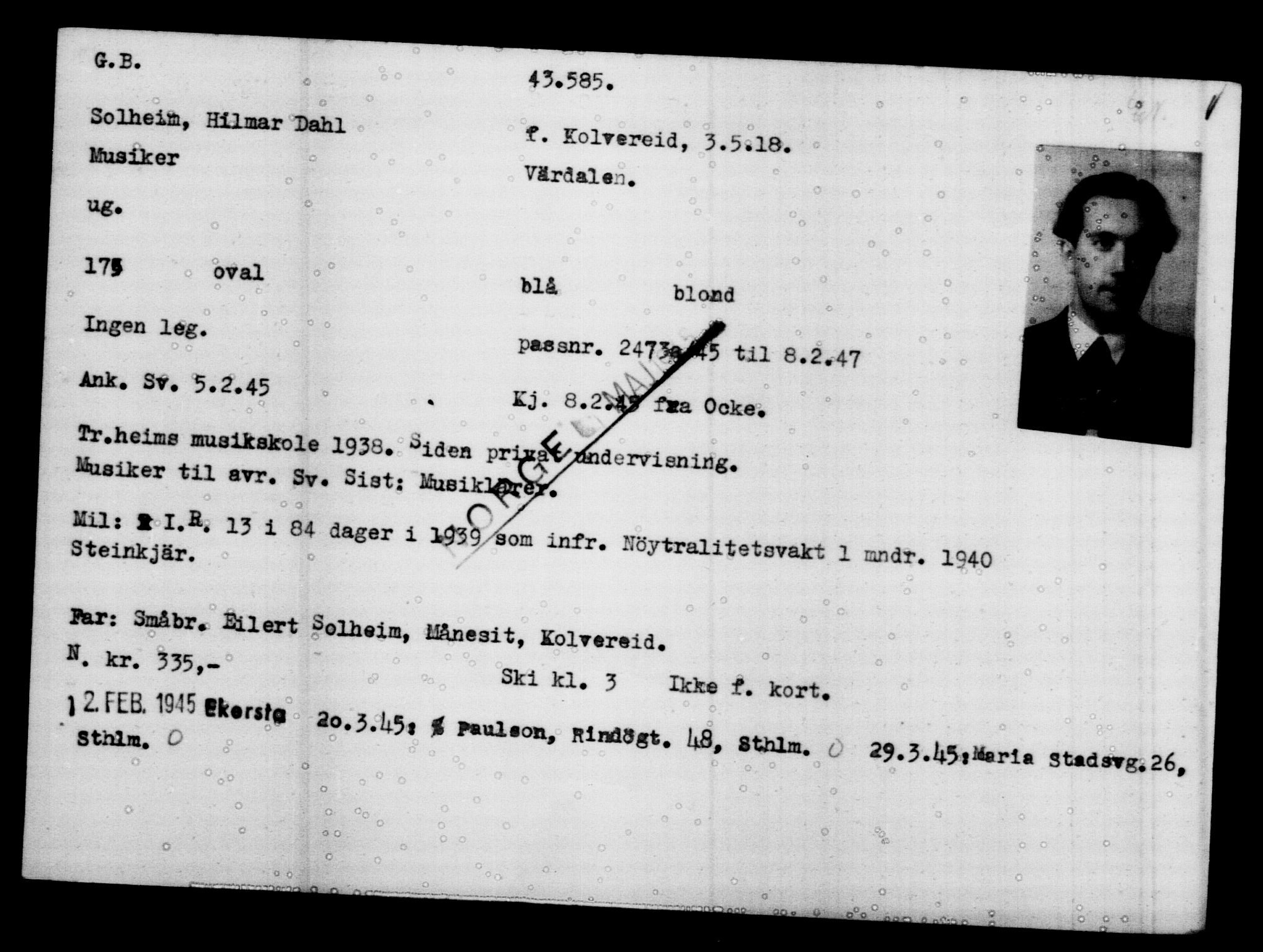 Utenriksstasjonene, Legasjonen i Stockholm, Flyktningkontoret, AV/RA-S-6753/V/Va/L0017: Kjesäterkartoteket, flyktninger med registreringsnr. 43400-46318, 1940-1945, s. 189