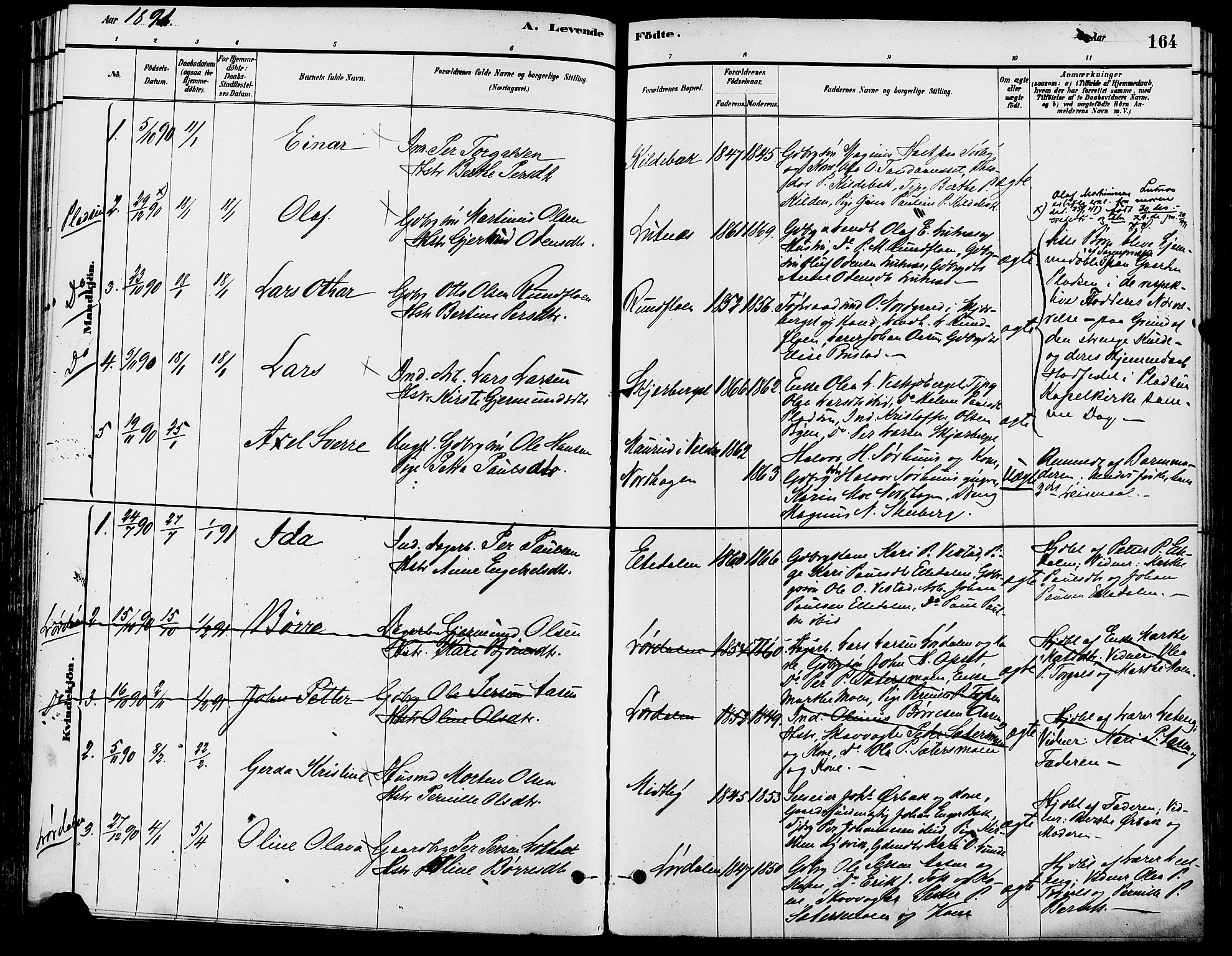 Trysil prestekontor, AV/SAH-PREST-046/H/Ha/Haa/L0008: Ministerialbok nr. 8, 1881-1897, s. 164