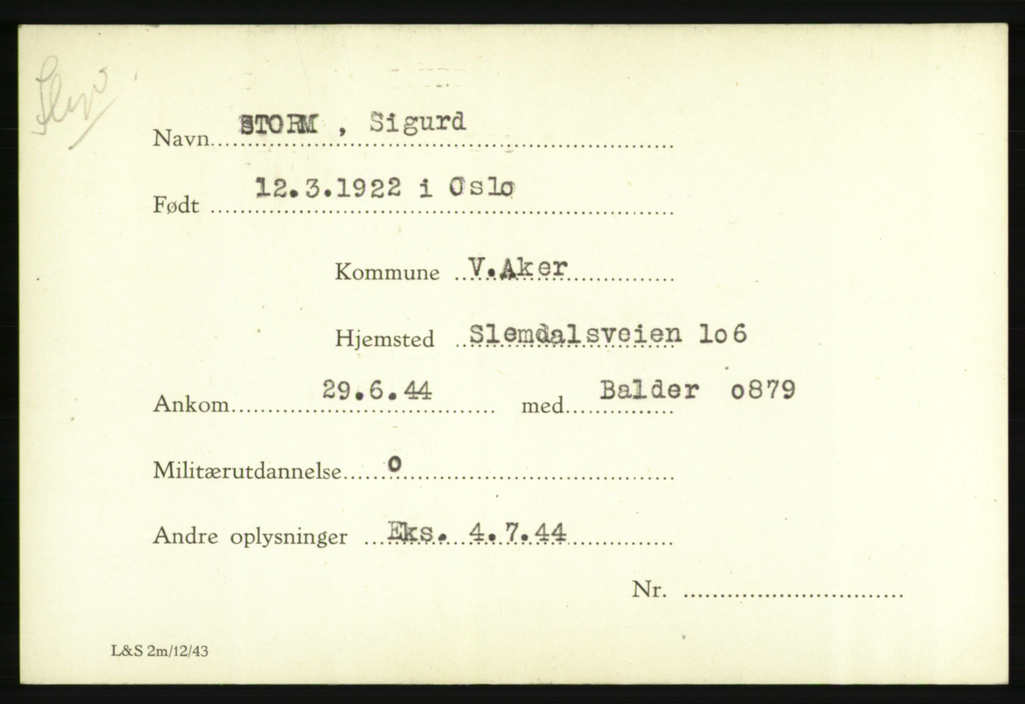 Forsvarets Overkommando. 2. kontor. Arkiv 8.1. Mottakersentralen FDE og FO.II, RA/RAFA-6952/P/Pa/L0019: Storm - Thoreby , 1940-1945