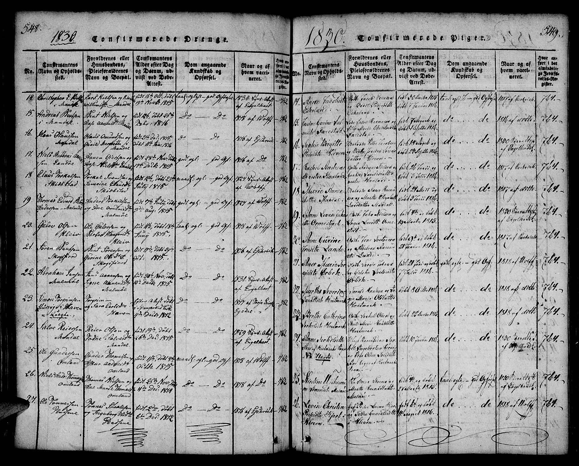 Mandal sokneprestkontor, AV/SAK-1111-0030/F/Fa/Faa/L0010: Ministerialbok nr. A 10, 1817-1830, s. 548-549