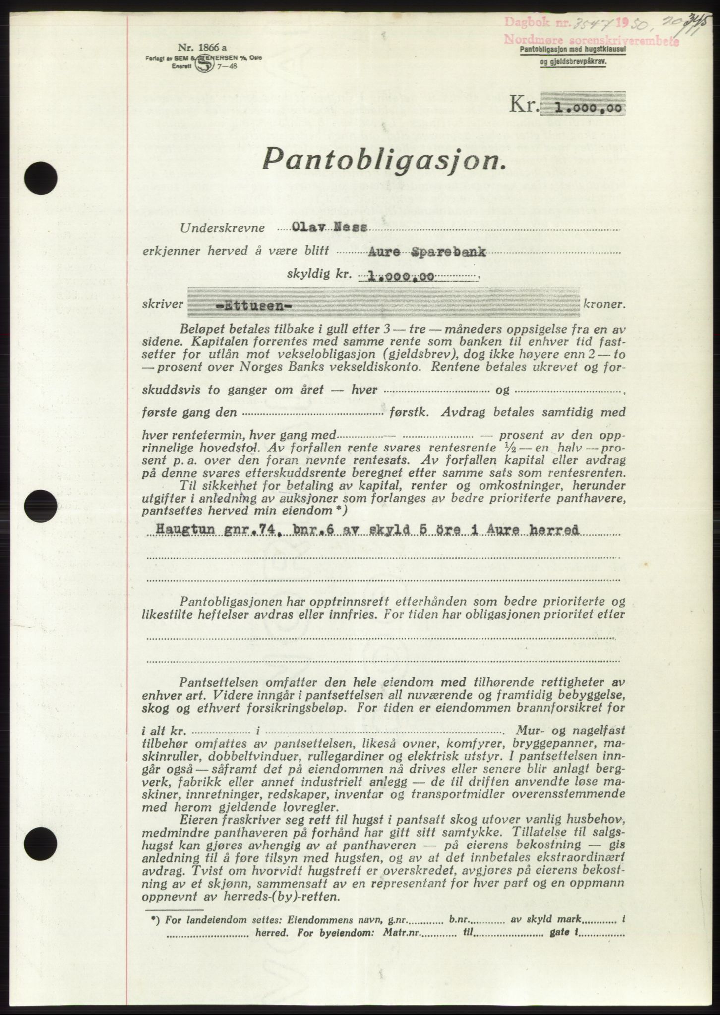 Nordmøre sorenskriveri, SAT/A-4132/1/2/2Ca: Pantebok nr. B106, 1950-1950, Dagboknr: 3547/1950
