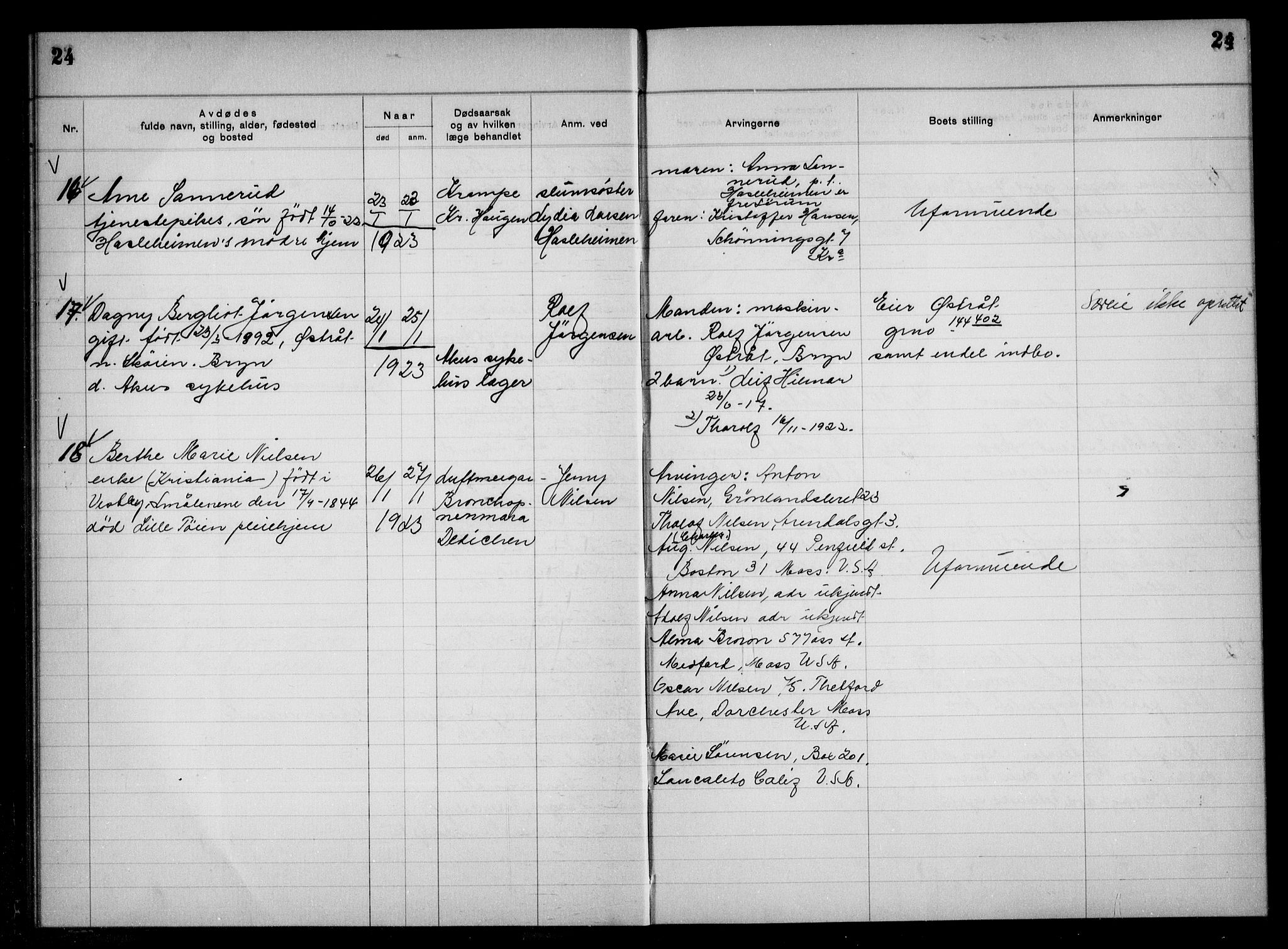 Aker kriminaldommer, skifte- og auksjonsforvalterembete, SAO/A-10452/H/Hb/Hba/Hbac/L0001: Dødsfallsprotokoll for Østre Aker, 1922-1927, s. 24