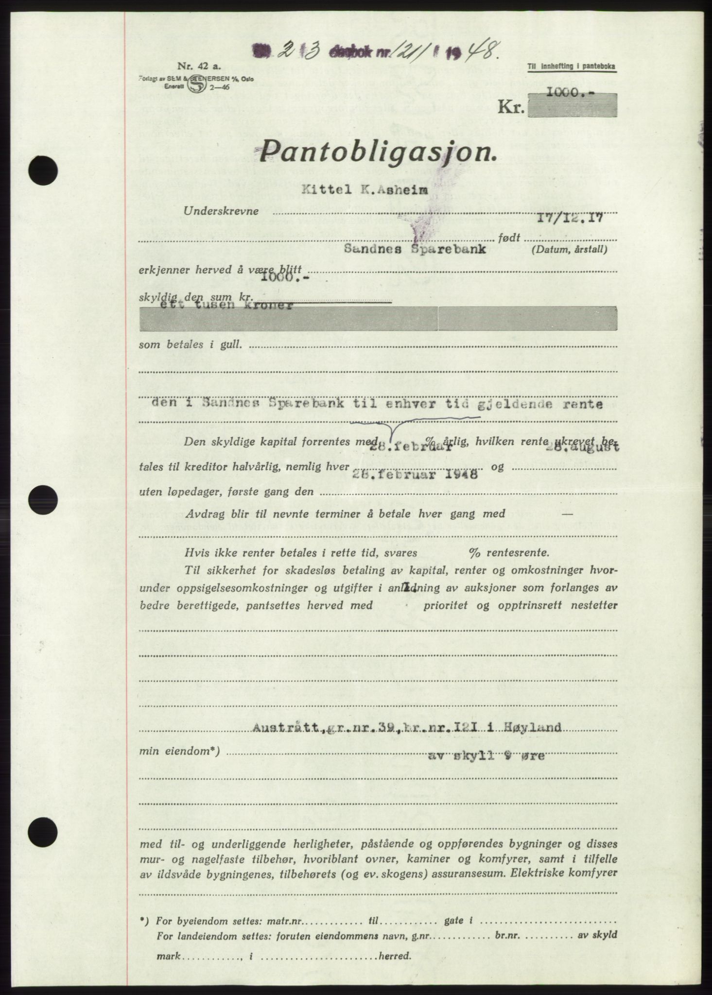 Jæren sorenskriveri, SAST/A-100310/03/G/Gba/L0098: Pantebok, 1948-1948, Dagboknr: 1211/1948