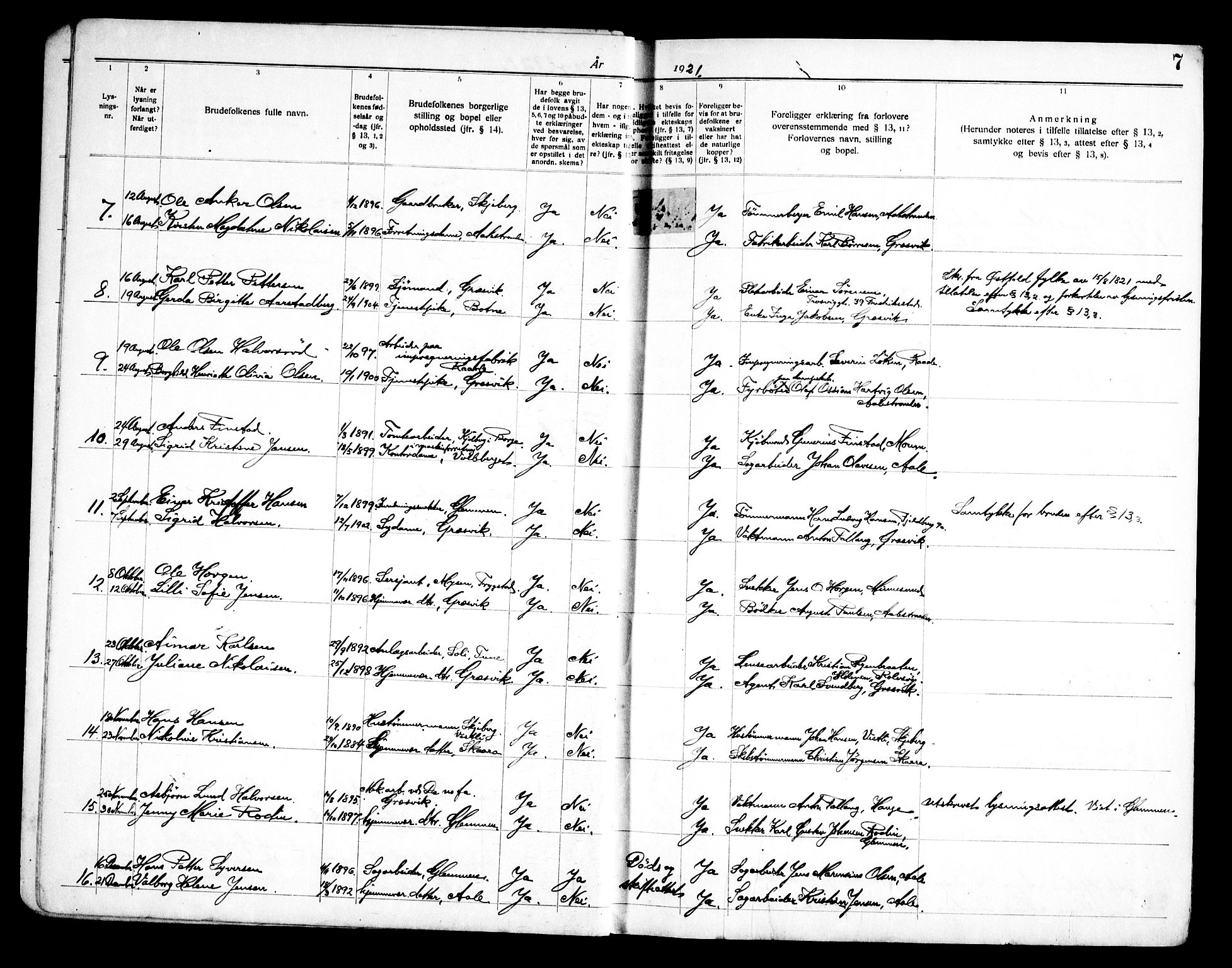 Onsøy prestekontor Kirkebøker, AV/SAO-A-10914/H/Hb/L0001: Lysningsprotokoll nr. II 1, 1919-1949, s. 7