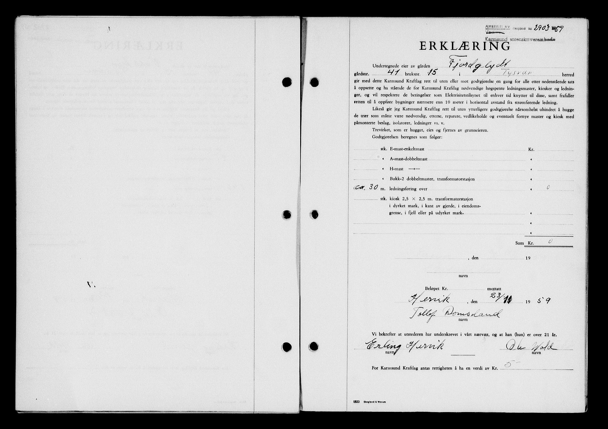 Karmsund sorenskriveri, SAST/A-100311/01/II/IIB/L0132: Pantebok nr. 112A, 1959-1959, Dagboknr: 2903/1959