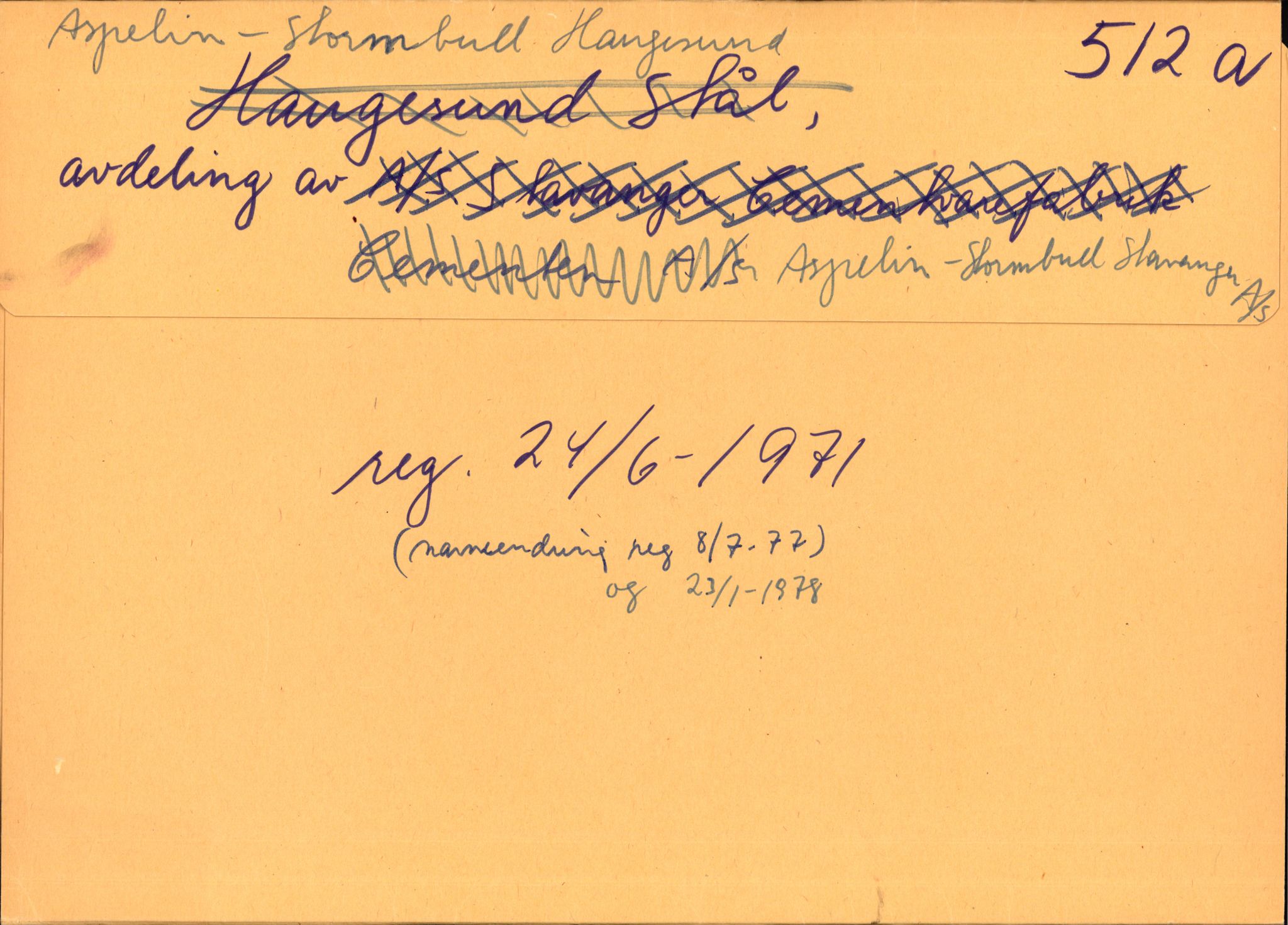 Stavanger byfogd, AV/SAST-A-101408/002/J/Jd/Jde/L0045: Registreringsmeldinger og bilag. Aksjeselskap, 512-527, 1918-1971, s. 1