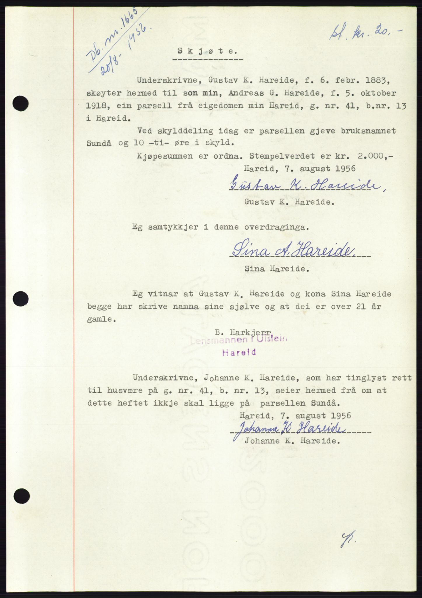 Søre Sunnmøre sorenskriveri, AV/SAT-A-4122/1/2/2C/L0104: Pantebok nr. 30A, 1956-1956, Dagboknr: 1665/1956