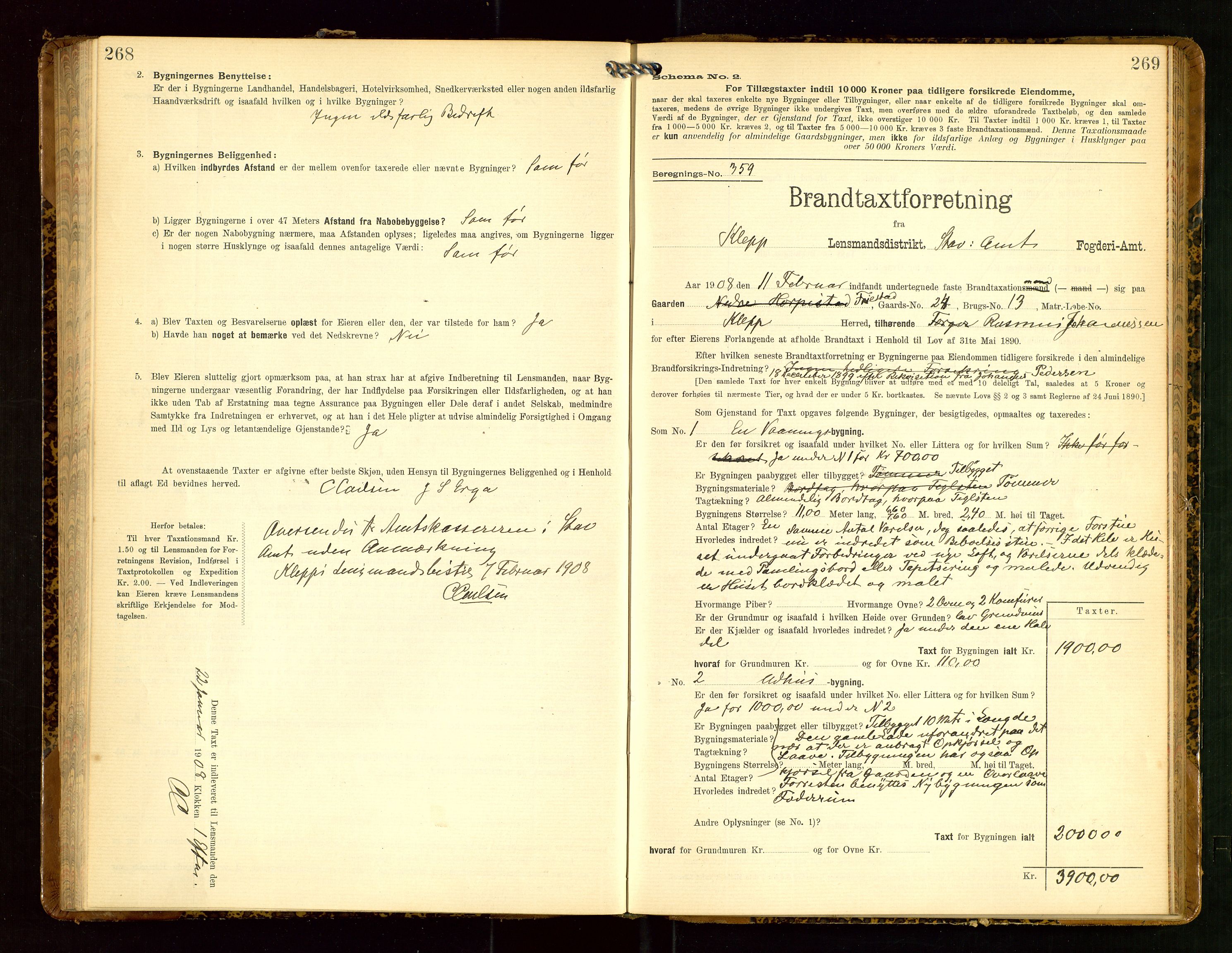 Klepp lensmannskontor, AV/SAST-A-100163/Goc/L0005: "Brandtaxationsprotokol" m/register, 1908, s. 268-269