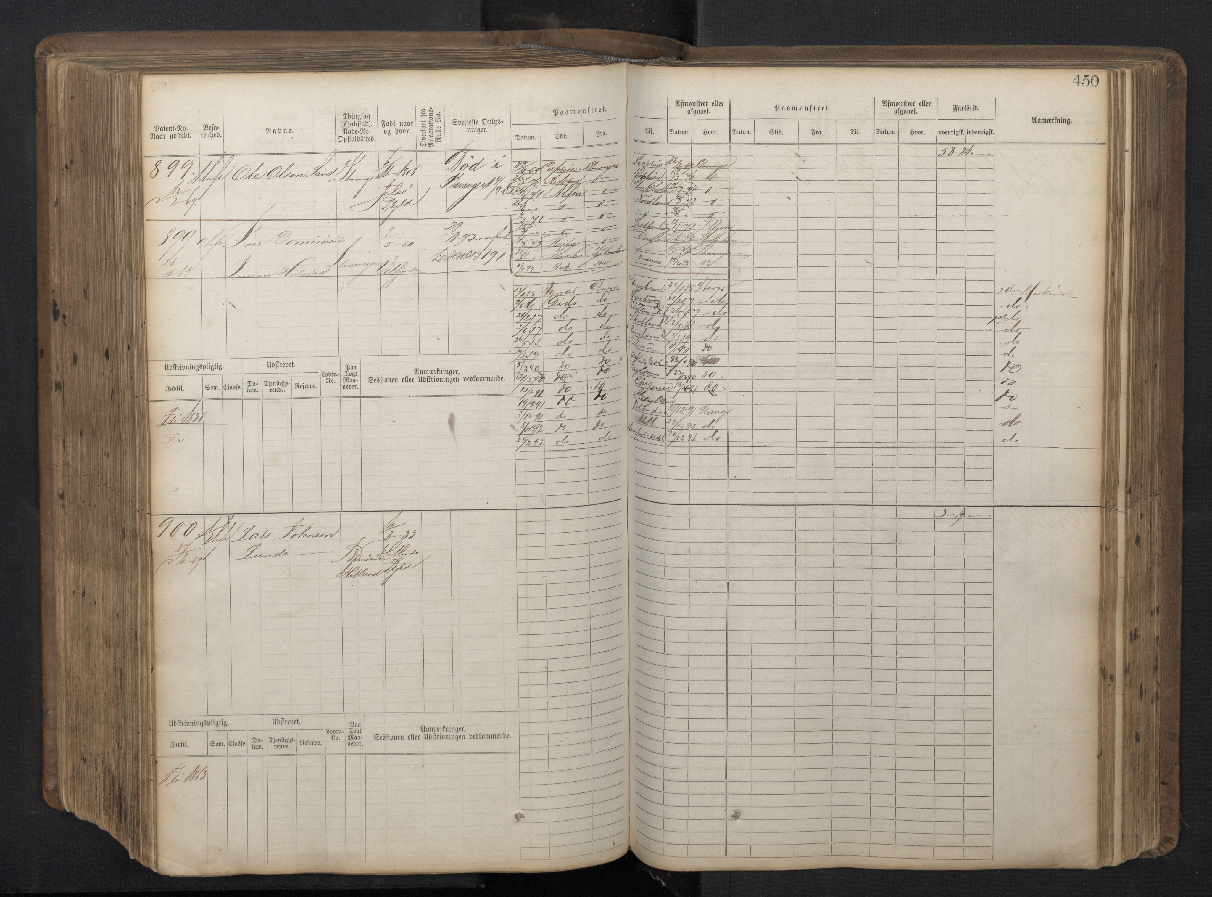 Stavanger sjømannskontor, AV/SAST-A-102006/F/Fb/Fbb/L0016: Sjøfartshovedrulle patnentnr. 1-1202 (dublett), 1869, s. 450