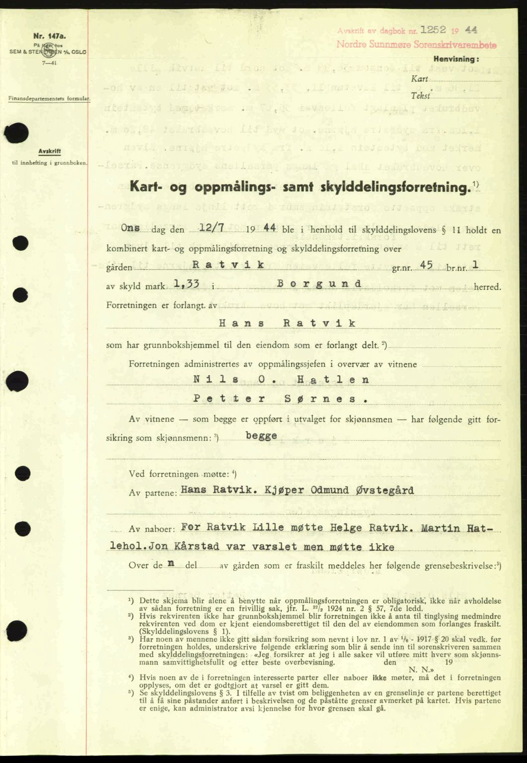 Nordre Sunnmøre sorenskriveri, SAT/A-0006/1/2/2C/2Ca: Pantebok nr. A18, 1944-1944, Dagboknr: 1252/1944