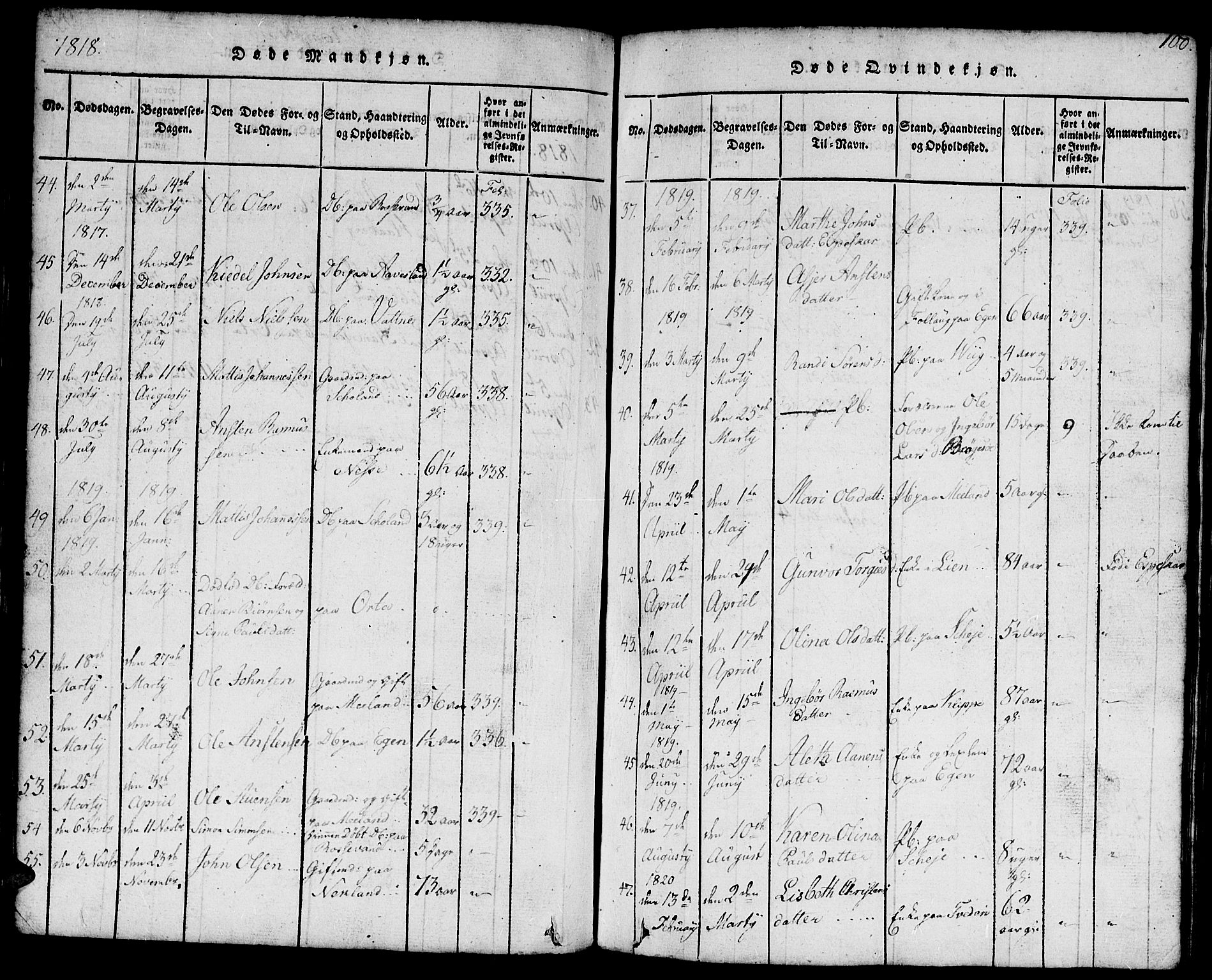 Hægebostad sokneprestkontor, SAK/1111-0024/F/Fb/Fbb/L0001: Klokkerbok nr. B 1, 1816-1850, s. 100