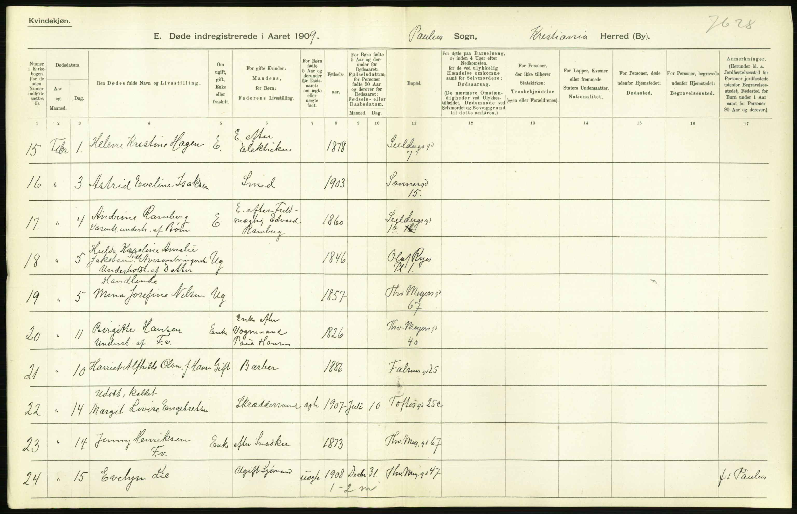 Statistisk sentralbyrå, Sosiodemografiske emner, Befolkning, AV/RA-S-2228/D/Df/Dfa/Dfag/L0010: Kristiania: Døde, dødfødte., 1909, s. 294