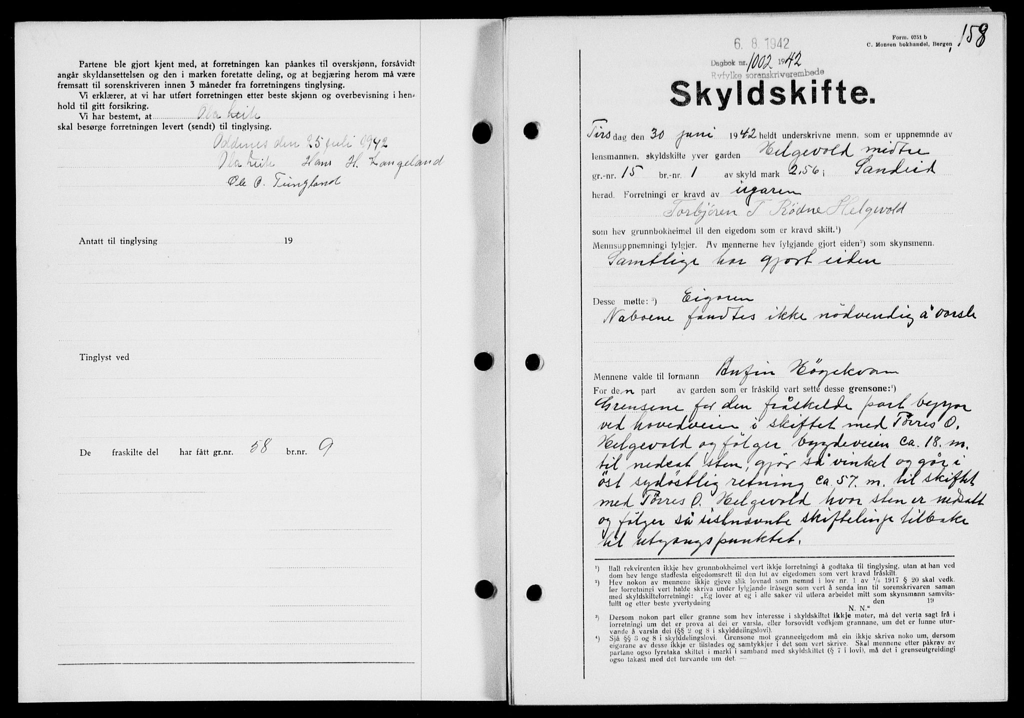 Ryfylke tingrett, SAST/A-100055/001/II/IIB/L0088: Pantebok nr. 67, 1942-1942, Dagboknr: 1002/1942