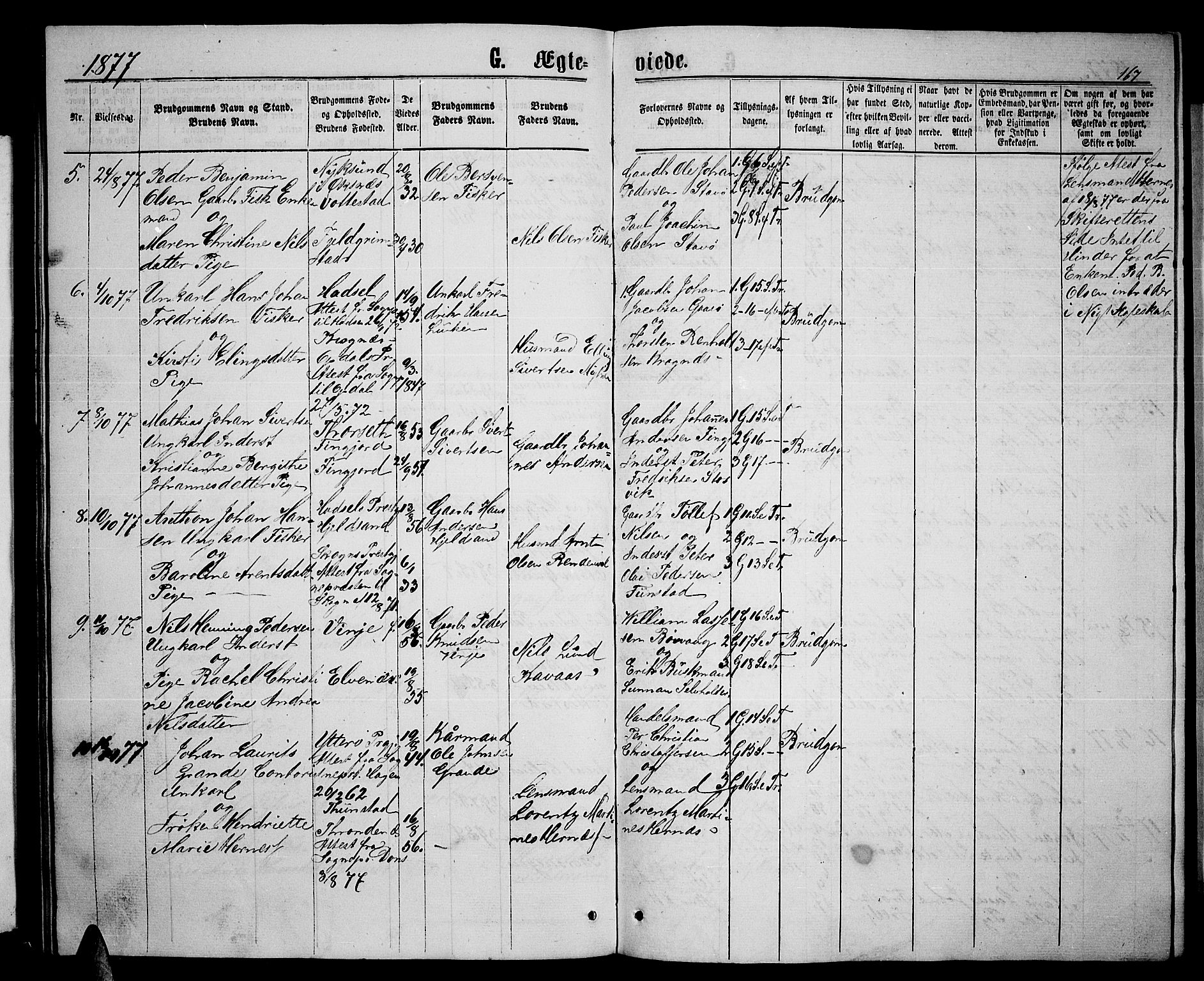 Ministerialprotokoller, klokkerbøker og fødselsregistre - Nordland, SAT/A-1459/893/L1348: Klokkerbok nr. 893C03, 1867-1877, s. 167