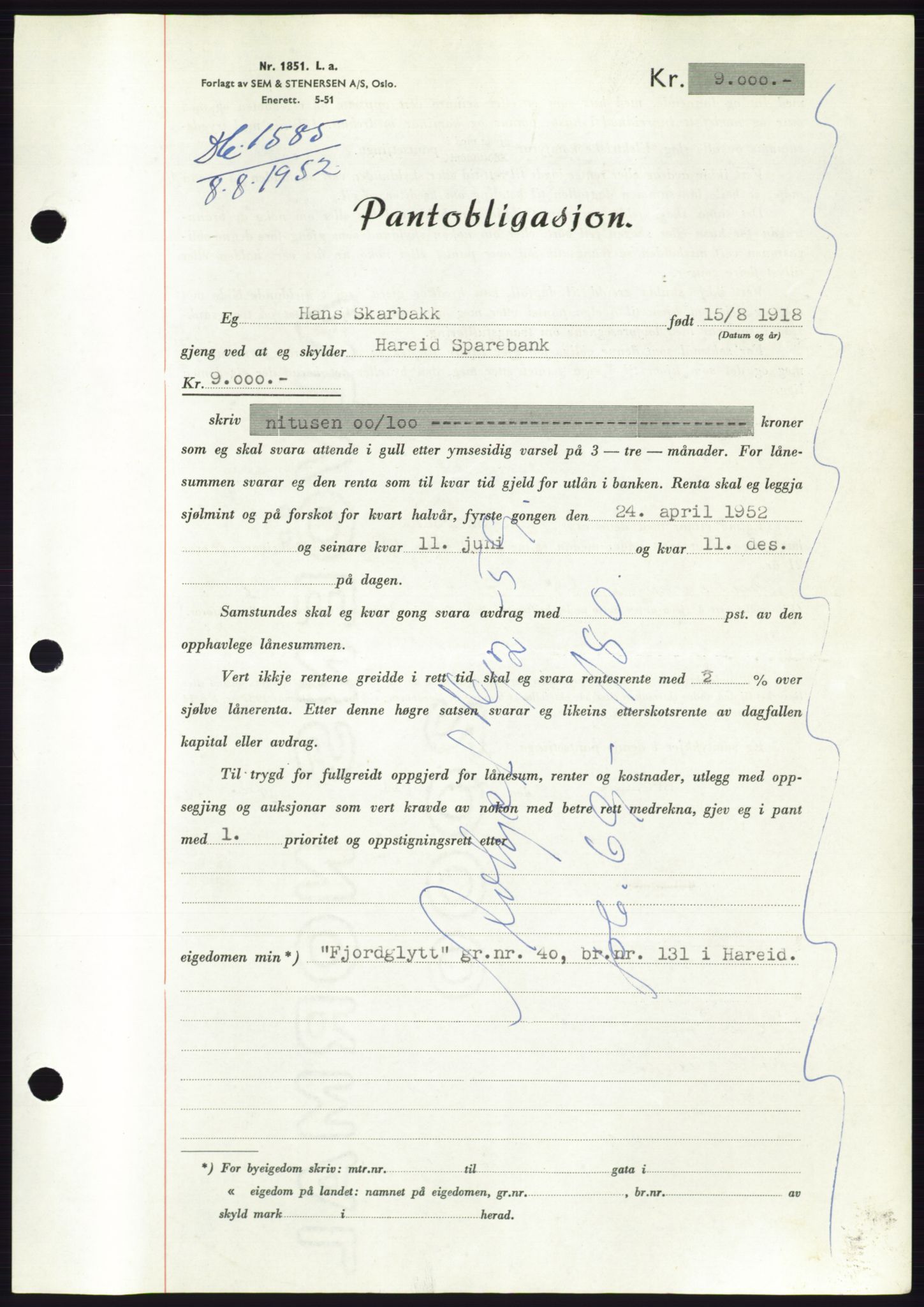 Søre Sunnmøre sorenskriveri, AV/SAT-A-4122/1/2/2C/L0121: Pantebok nr. 9B, 1951-1952, Dagboknr: 1585/1952