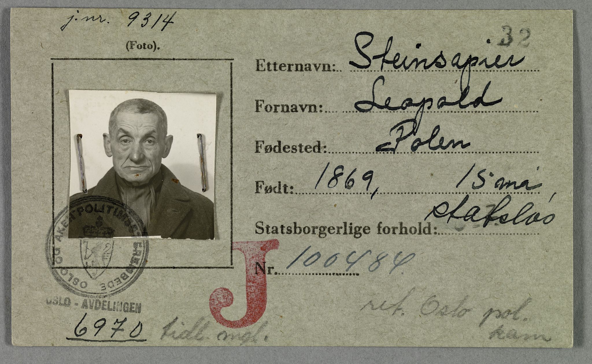 Sosialdepartementet, Våre Falne, RA/S-1708/E/Ee/L0021A: Fotografier av jøder på legitimasjonskort (1941-42), 1941-1942, s. 323