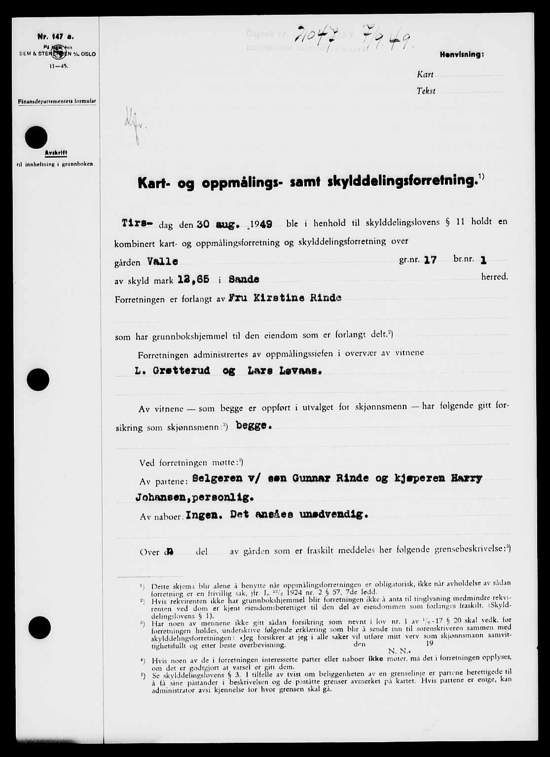 Holmestrand sorenskriveri, SAKO/A-67/G/Ga/Gaa/L0067: Pantebok nr. A-67, 1949-1949, Dagboknr: 2047/1949