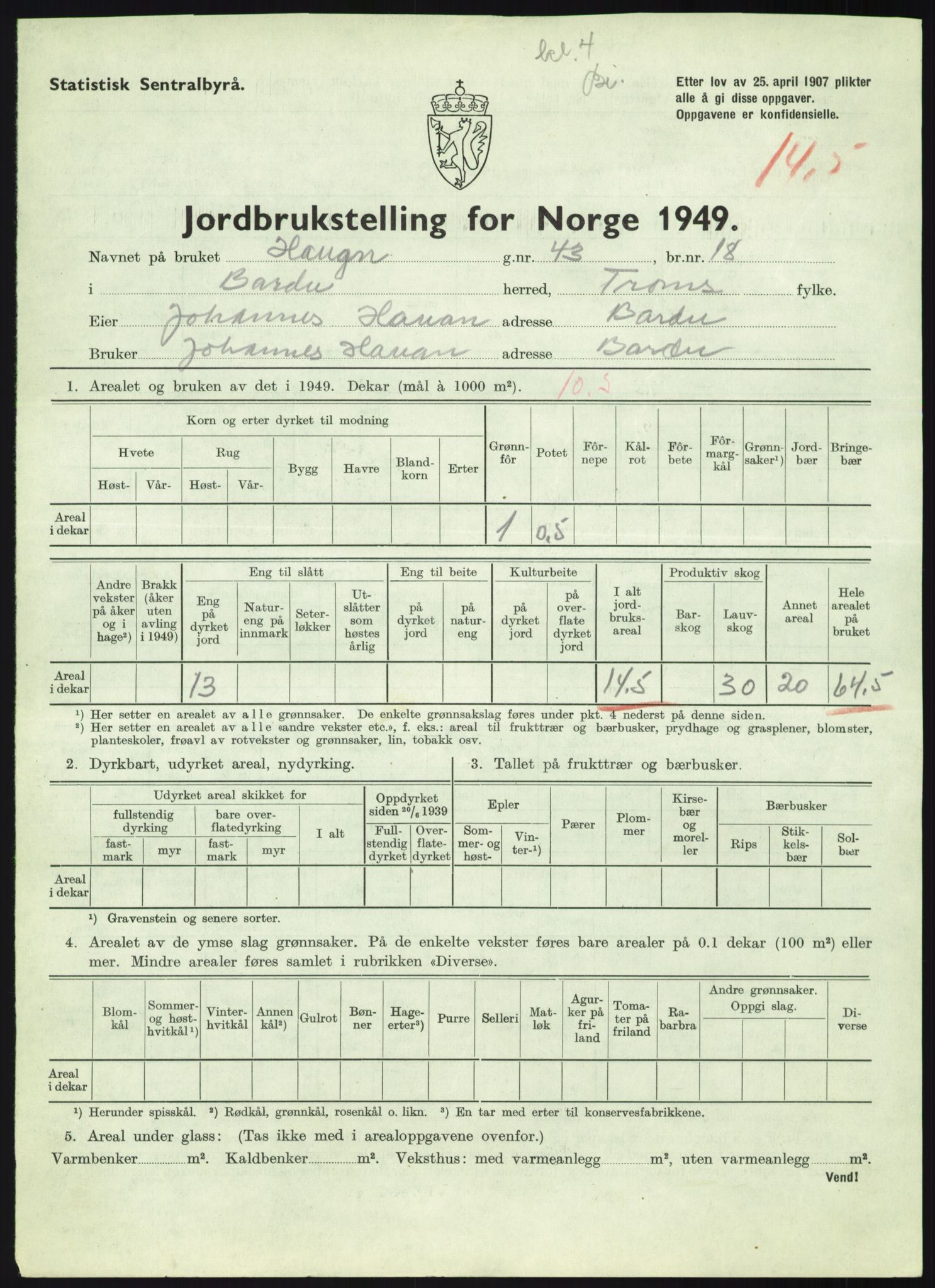 Statistisk sentralbyrå, Næringsøkonomiske emner, Jordbruk, skogbruk, jakt, fiske og fangst, AV/RA-S-2234/G/Gc/L0438: Troms: Salangen og Bardu, 1949, s. 973