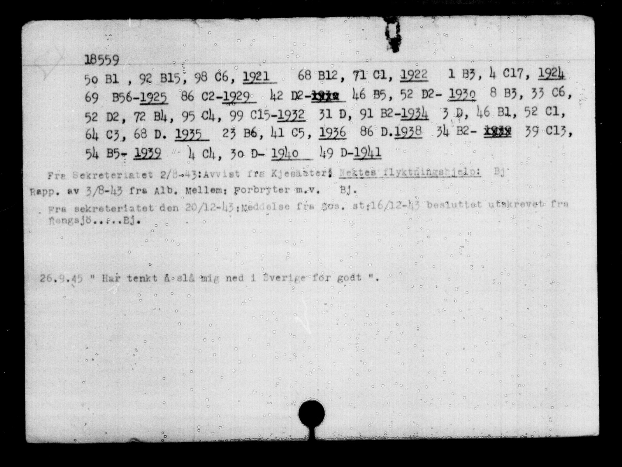 Utenriksstasjonene, Legasjonen i Stockholm, Flyktningkontoret, AV/RA-S-6753/V/Va/L0009: Kjesäterkartoteket, flyktninger med registreringsnr. 18502-22048, 1940-1945, s. 71