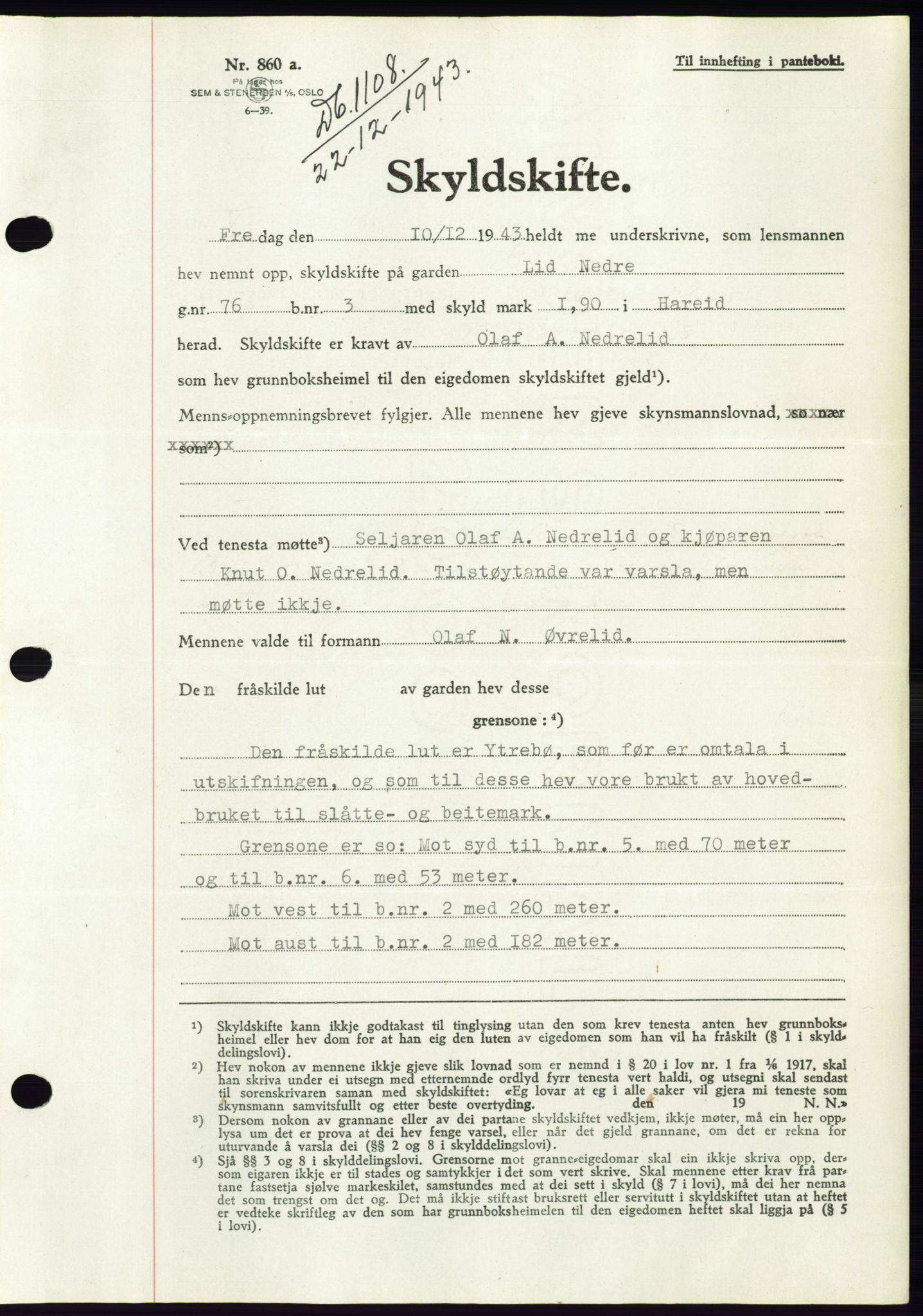 Søre Sunnmøre sorenskriveri, AV/SAT-A-4122/1/2/2C/L0075: Pantebok nr. 1A, 1943-1943, Dagboknr: 1108/1943