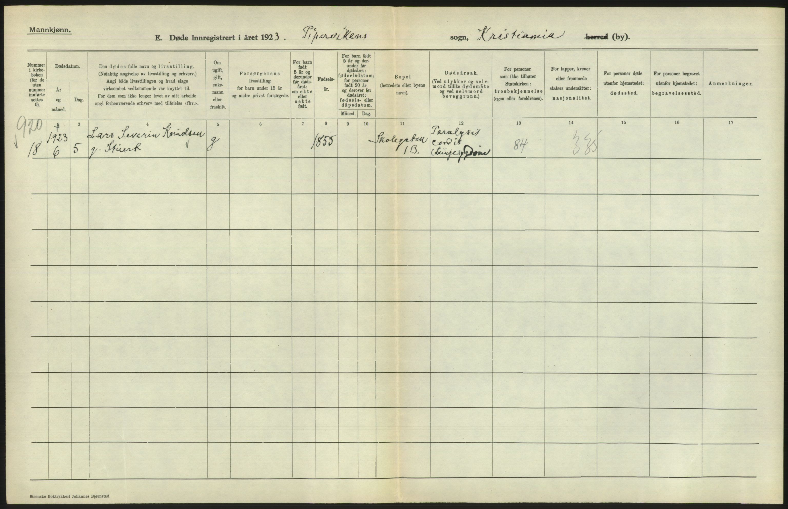 Statistisk sentralbyrå, Sosiodemografiske emner, Befolkning, RA/S-2228/D/Df/Dfc/Dfcc/L0010: Kristiania: Døde, dødfødte, 1923, s. 352