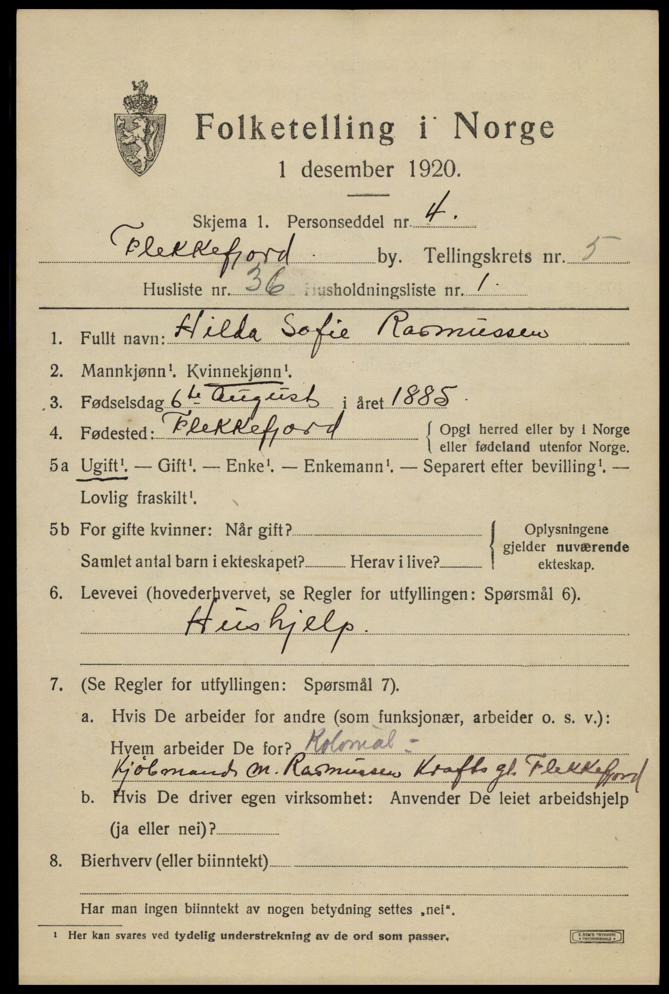 SAK, Folketelling 1920 for 1004 Flekkefjord kjøpstad, 1920, s. 5742