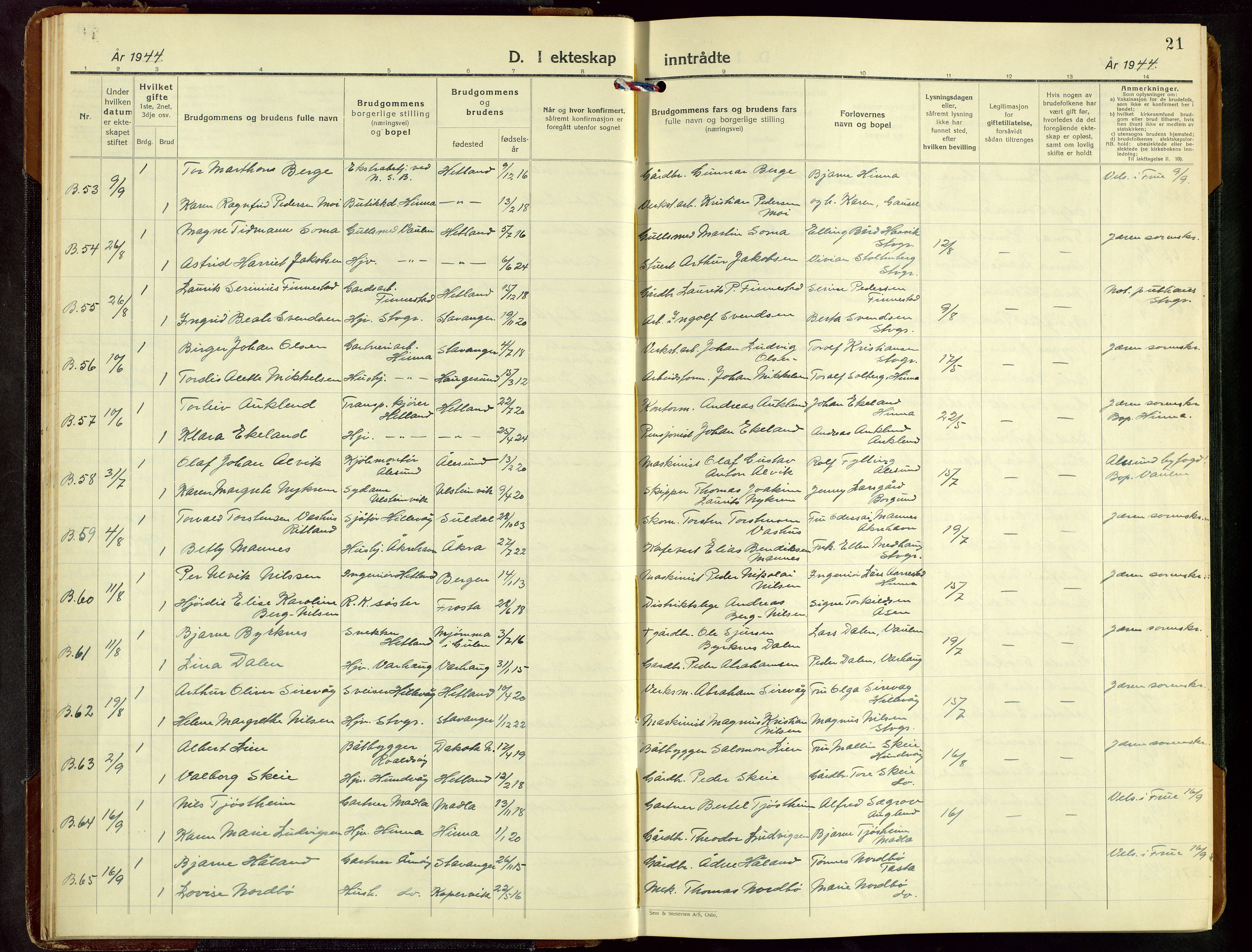 Hetland sokneprestkontor, AV/SAST-A-101826/30/30BB/L0016: Klokkerbok nr. B 16, 1942-1960, s. 21