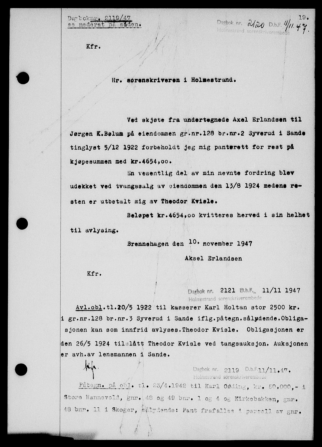 Holmestrand sorenskriveri, SAKO/A-67/G/Ga/Gab/L0058: Pantebok nr. B-58, 1947-1948, s. 19, Dagboknr: 2120/1947