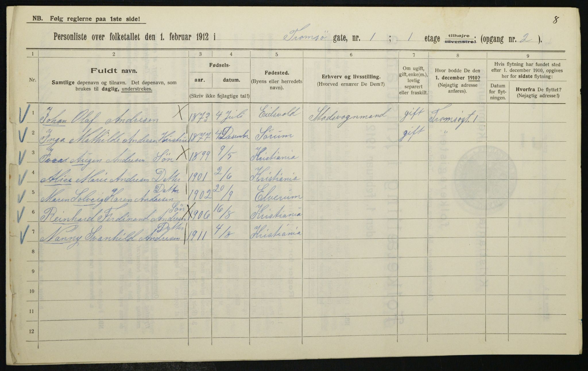 OBA, Kommunal folketelling 1.2.1912 for Kristiania, 1912, s. 115625