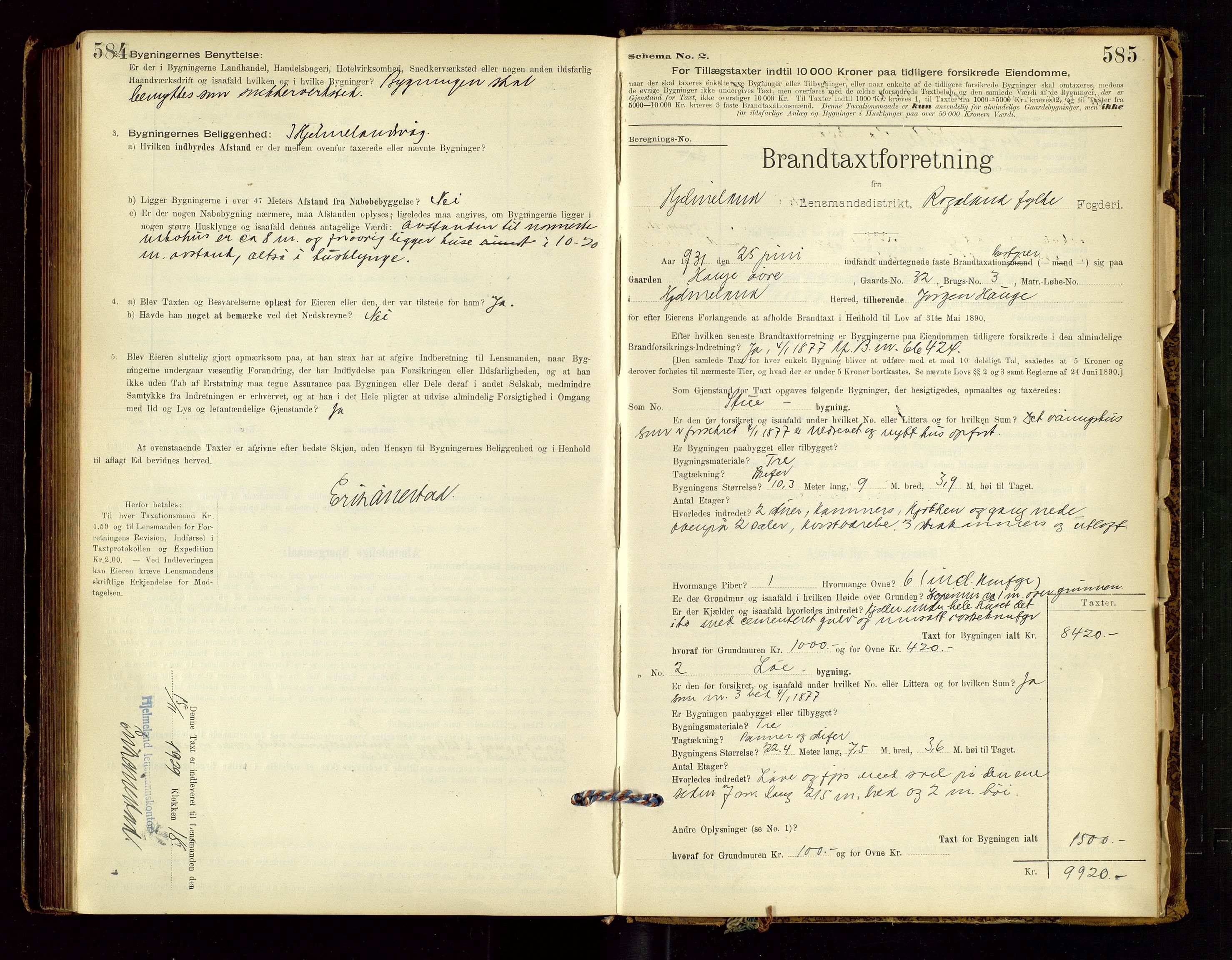 Hjelmeland lensmannskontor, SAST/A-100439/Gob/L0001: "Brandtaxationsprotokol", 1895-1932, s. 584-585