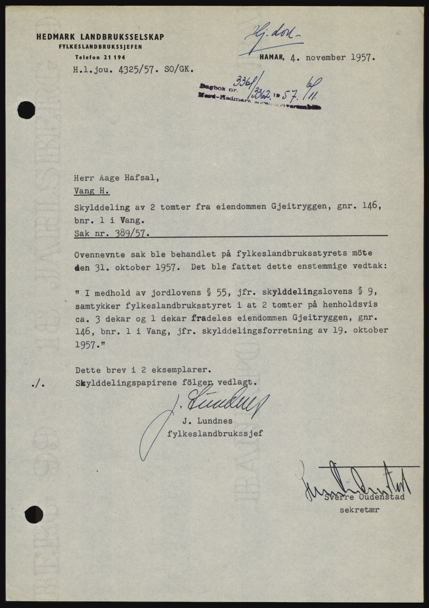 Nord-Hedmark sorenskriveri, SAH/TING-012/H/Hc/L0011: Pantebok nr. 11, 1956-1957, Dagboknr: 3361/1957