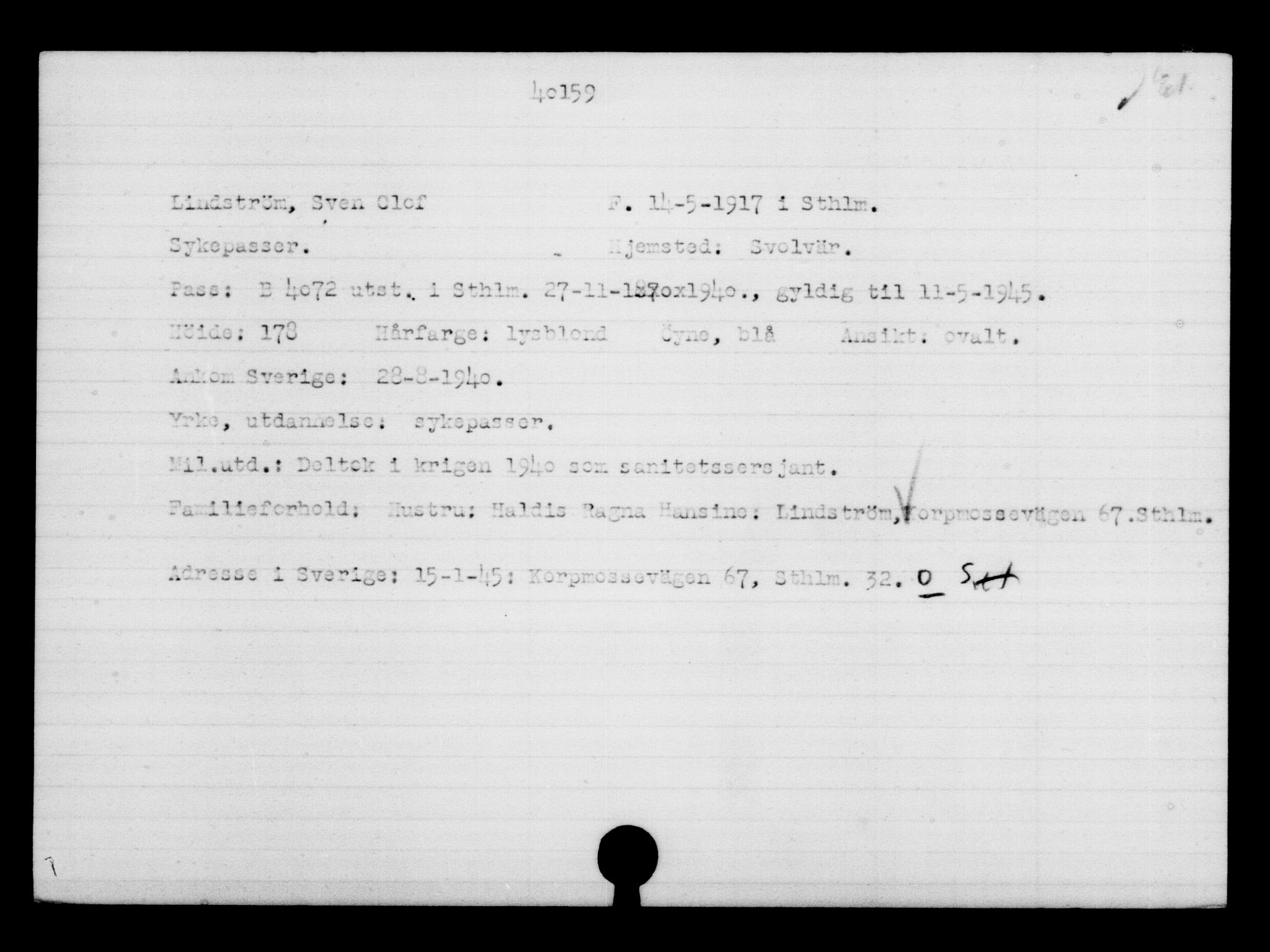 Utenriksstasjonene, Legasjonen i Stockholm, Flyktningkontoret, AV/RA-S-6753/V/Va/L0015: Kjesäterkartoteket, flyktninger med registreringsnr. 37800-40770, 1940-1945, s. 2454