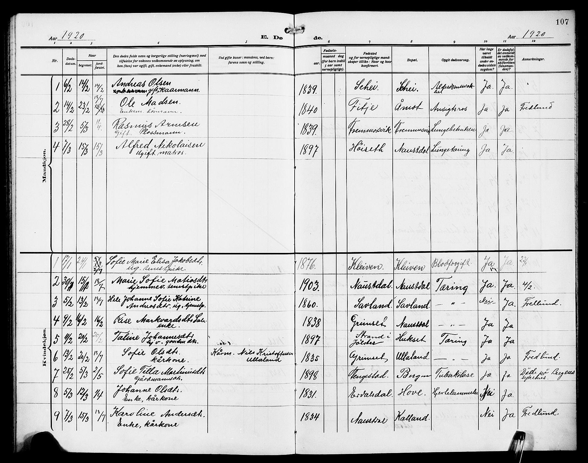 Førde sokneprestembete, SAB/A-79901/H/Hab/Habd/L0007: Klokkerbok nr. D 7, 1912-1922, s. 107