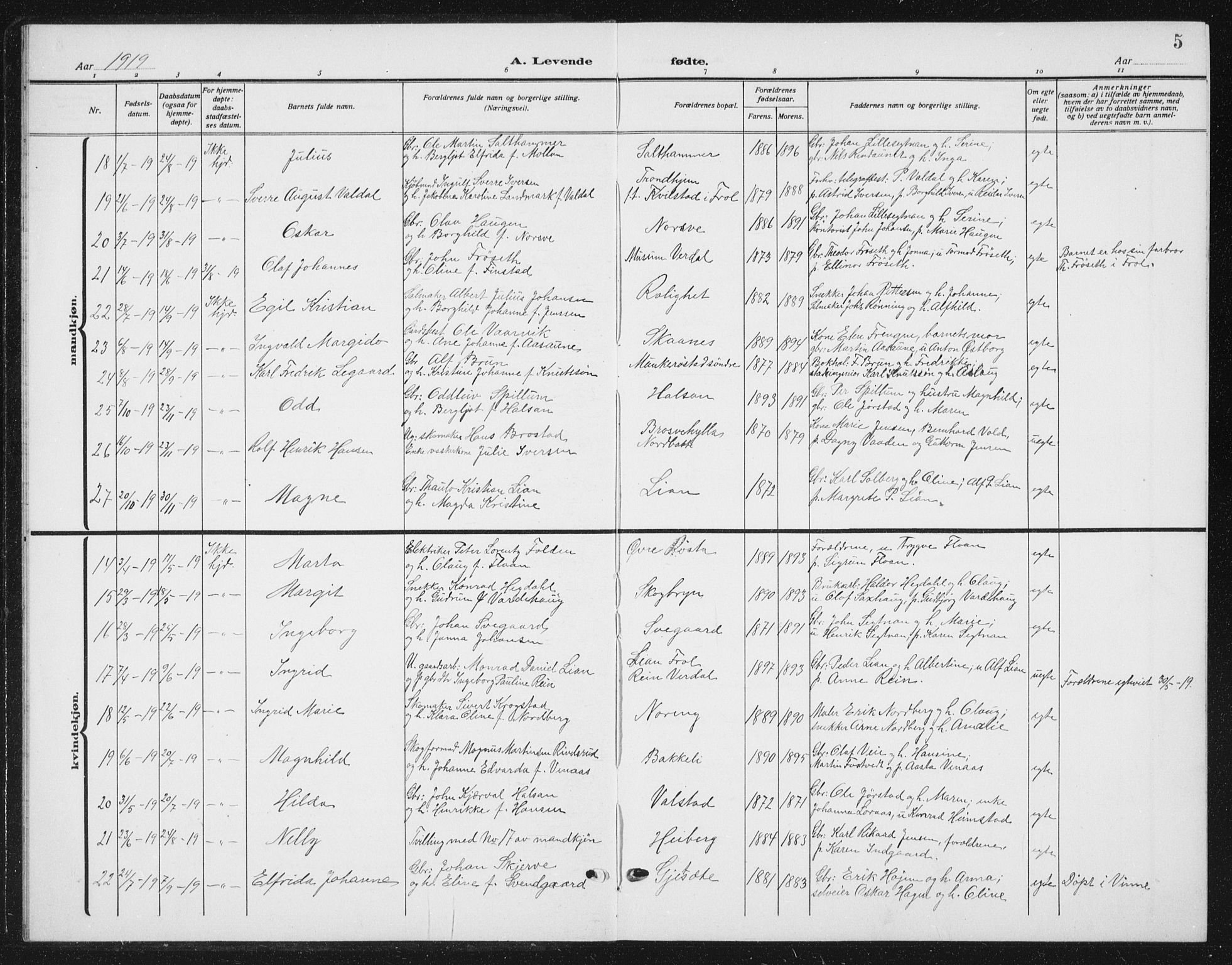 Ministerialprotokoller, klokkerbøker og fødselsregistre - Nord-Trøndelag, AV/SAT-A-1458/721/L0209: Klokkerbok nr. 721C02, 1918-1940, s. 5